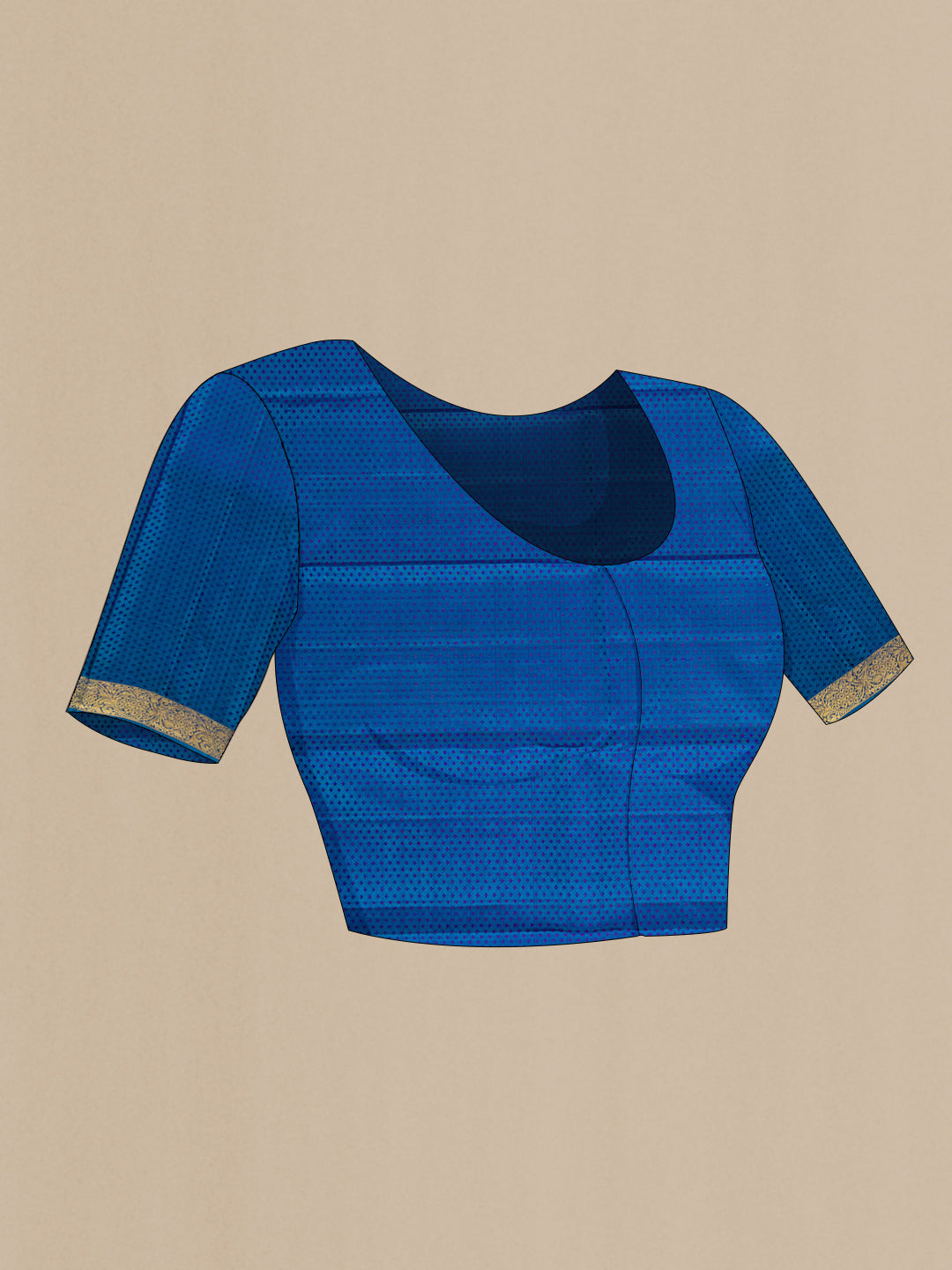 Close up image of the blouse of Peacock Blue Dual Tone Kanjivaram Silk Saree with Jacquard With Zari Butta on the body and Zari Border. 