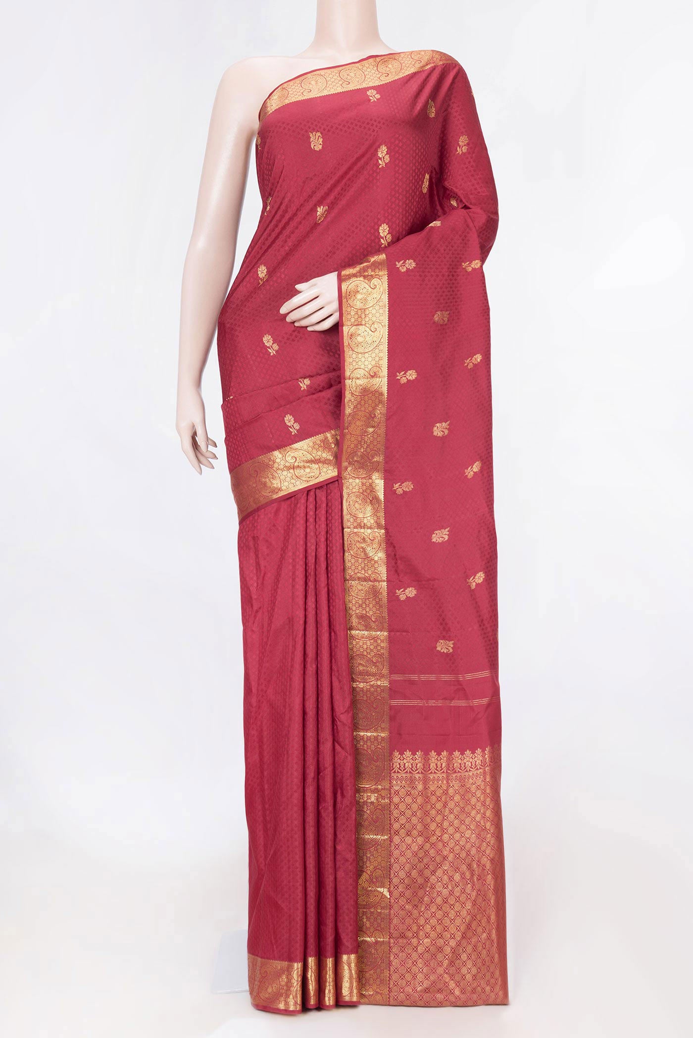 Maroon Dual Tone Kanchipuram Saree with Jacquard With Zari Butta on the body and Zari Border displayed on a mannequin