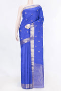 Pure Silk Pure Zari Royal Blue Dual Tone Kanchipuram Saree with Jacquard With Zari Butta on the body and Zari Border displayed on a mannequin