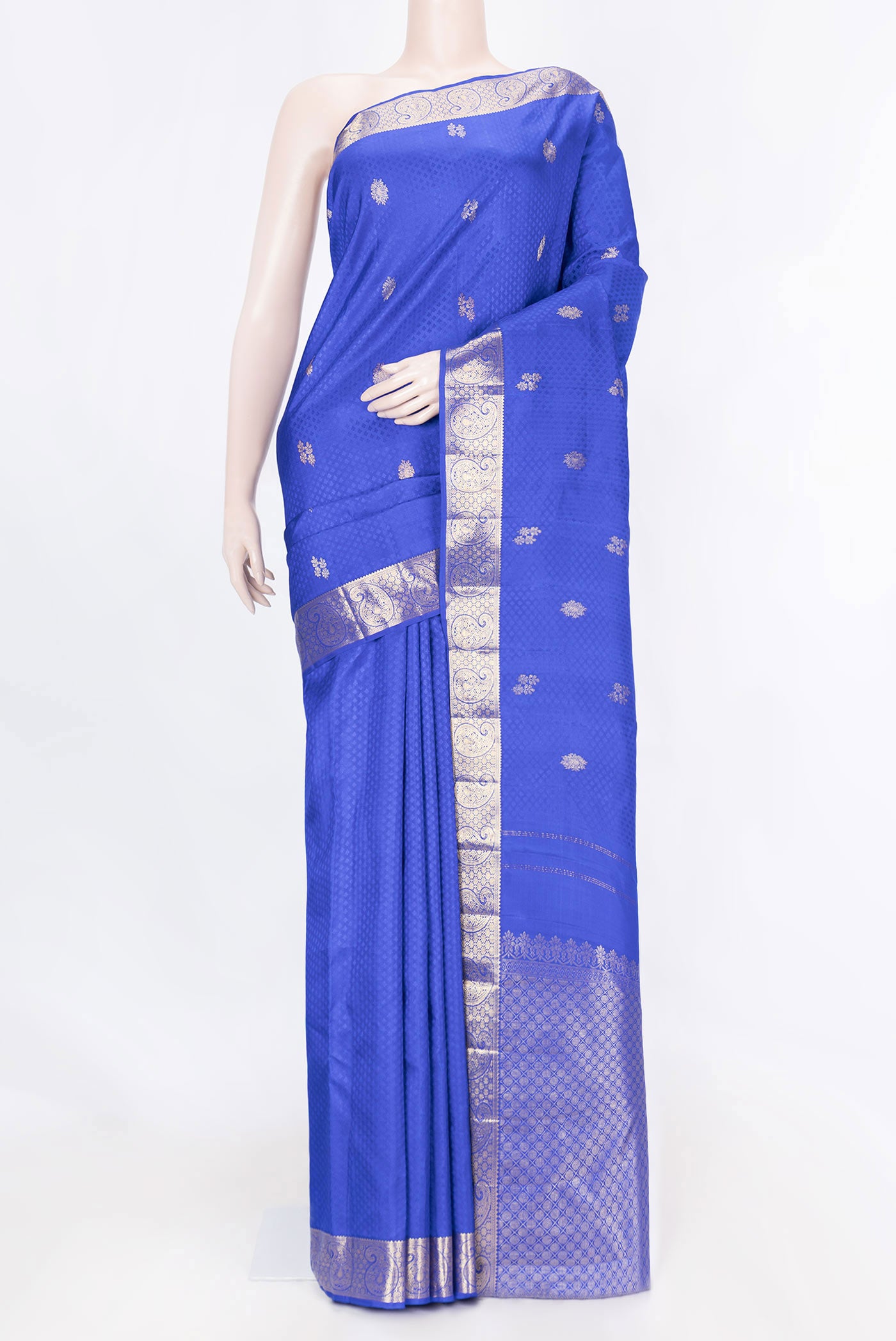 Pure Silk Pure Zari Royal Blue Dual Tone Kanchipuram Saree with Jacquard With Zari Butta on the body and Zari Border displayed on a mannequin