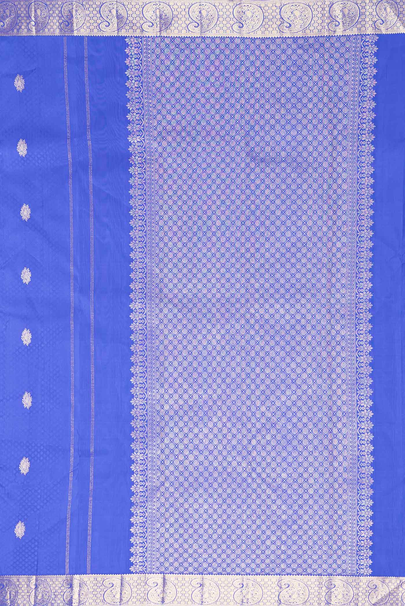 Close up image of the pallu of Pure Silk Pure Zari Royal Blue Dual Tone Kanchipuram Saree with Jacquard With Zari Butta on the body and Zari Border