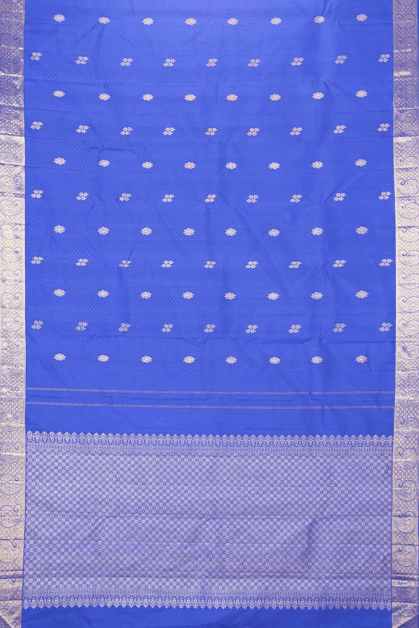 Flat view of Pure Silk Pure Zari Royal Blue Dual Tone Kanchipuram Saree with Jacquard With Zari Butta on the body and Zari Border