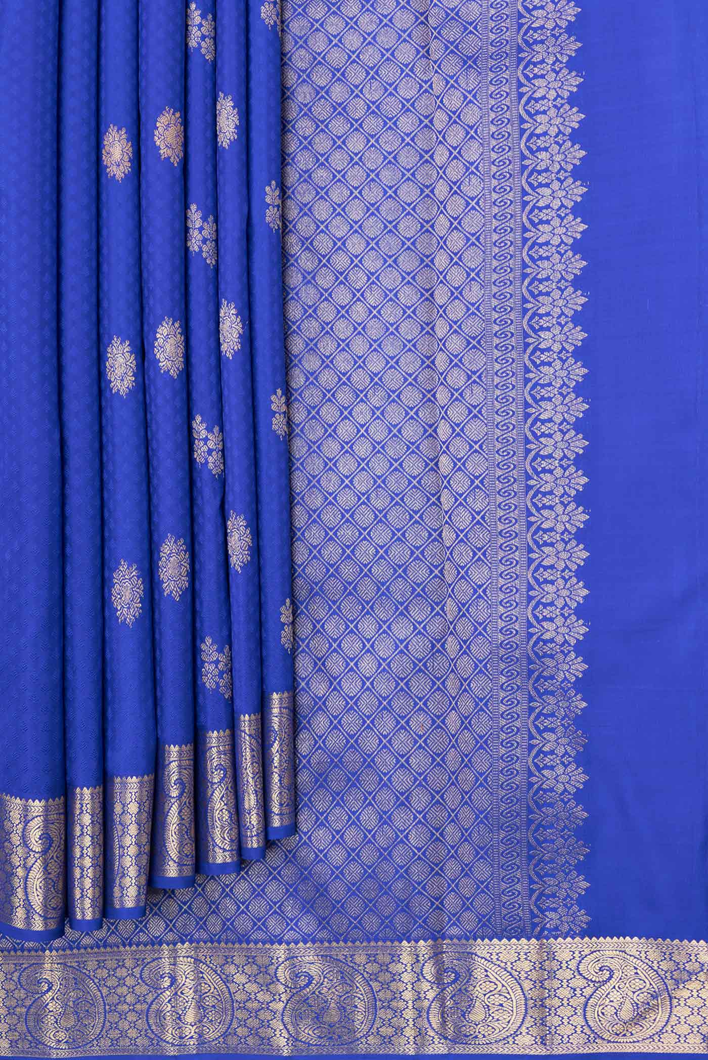 Pleats and pallu of Pure Silk Pure Zari Royal Blue Dual Tone Kanchipuram Saree with Jacquard With Zari Butta on the body and Zari Border