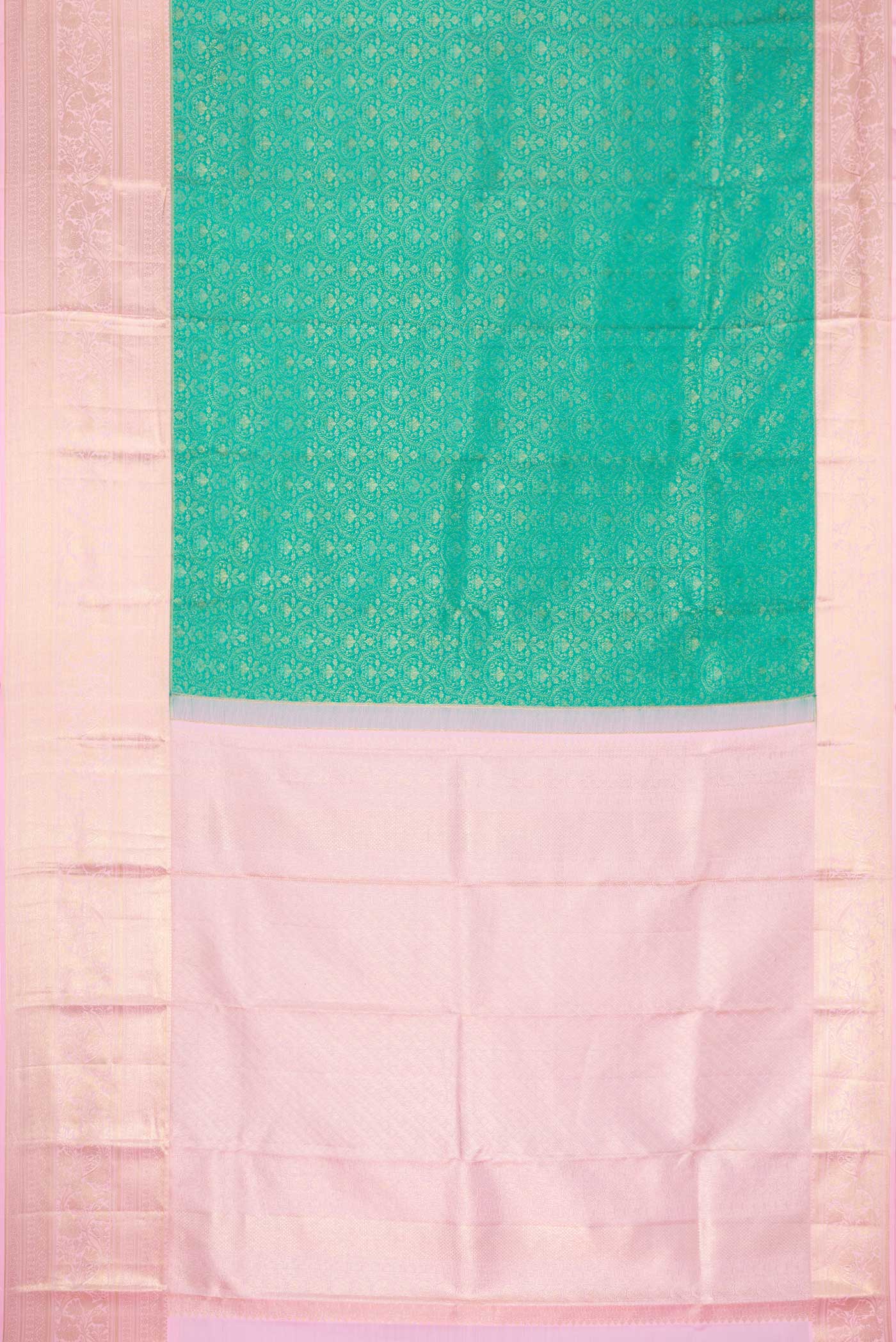 Flat view of Green Dual Tone Kanjivaram Silk Saree with Zari Brocade on the body and Zari Border. 