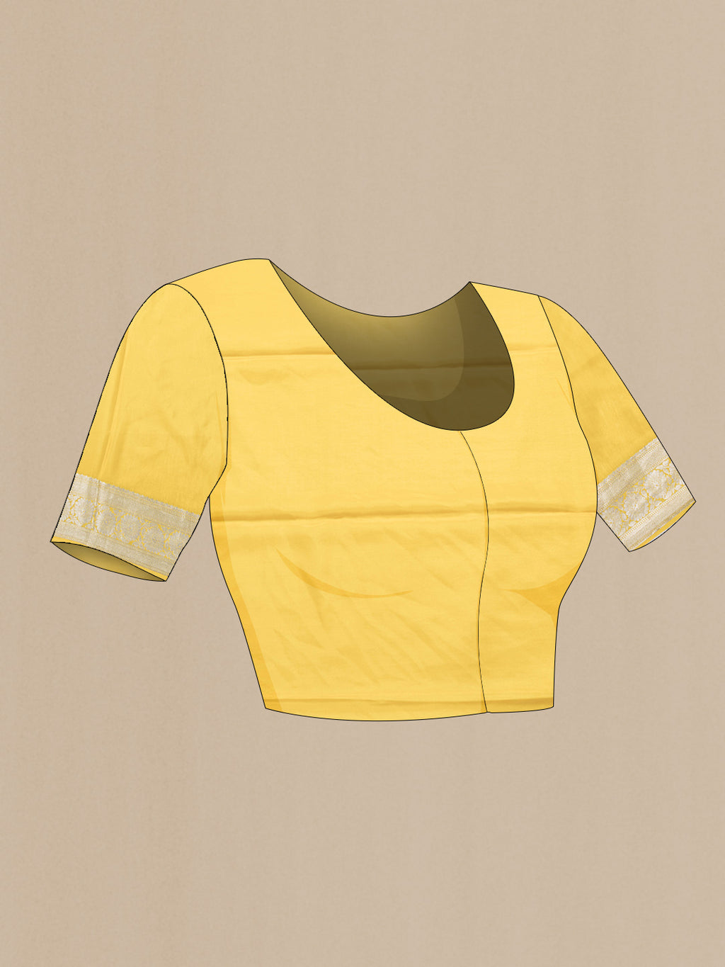 Close up image of the blouse of Yellow Dual Tone Mysore Silk Saree with Zari Brocade on the body and Fancy Border. 