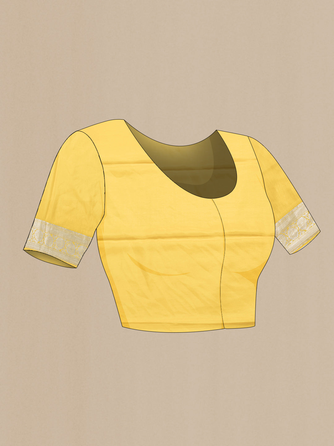 Close up image of the blouse of Yellow Dual Tone Mysore Silk Saree with Zari Brocade on the body and Fancy Border. 
