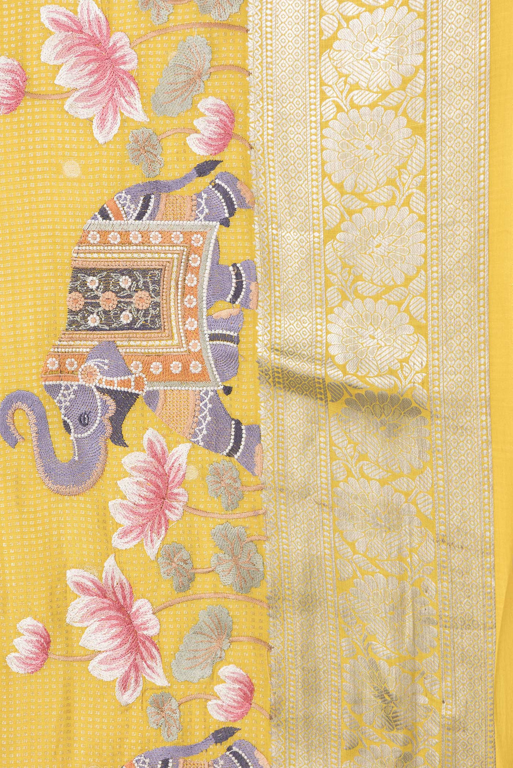 Border image of Yellow Dual Tone Mysore Silk Saree with Zari Brocade on the body and Fancy Border. 