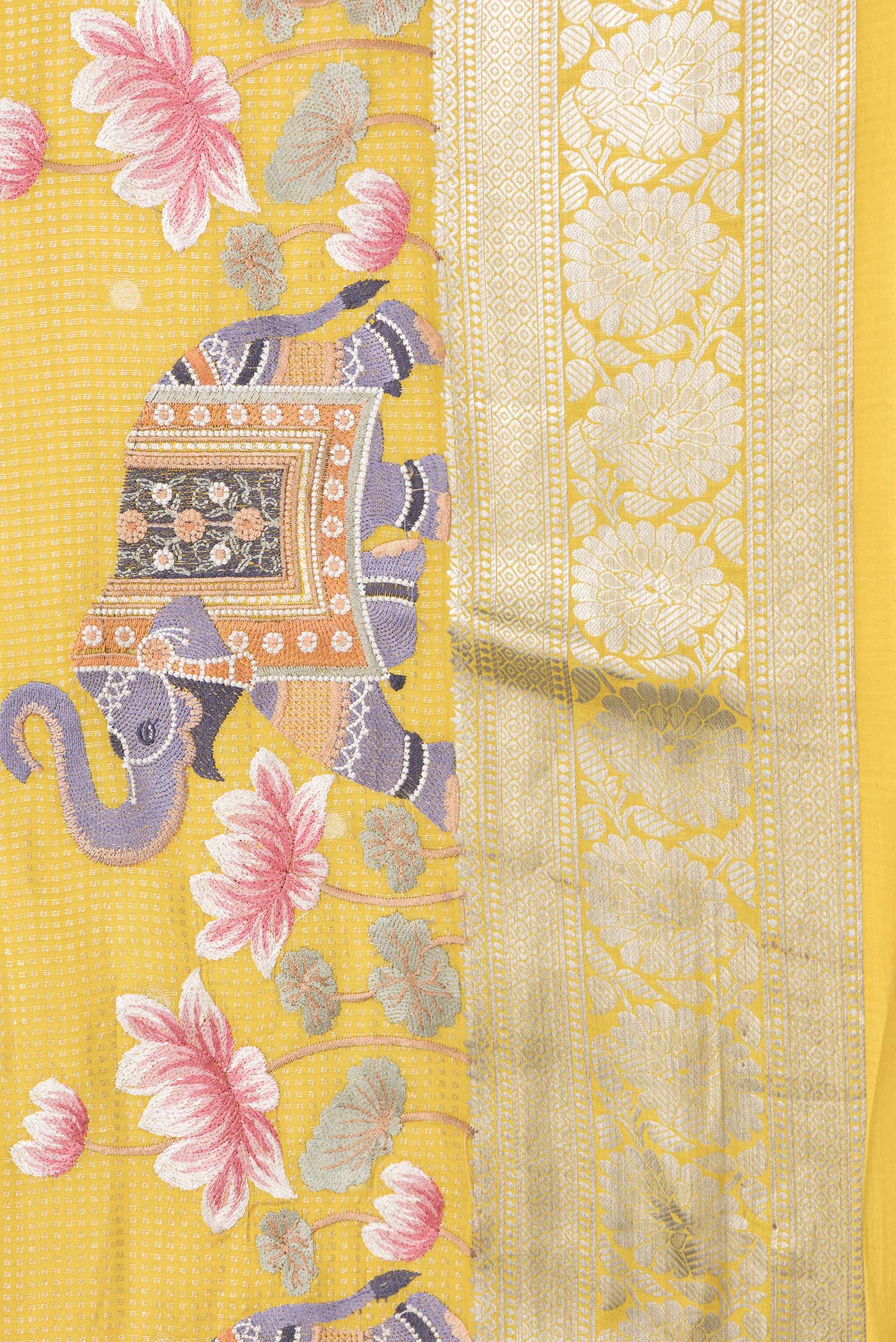 Border image of Yellow Dual Tone Mysore Silk Saree with Zari Brocade on the body and Fancy Border. 