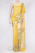 Yellow Dual Tone Mysore Silk Saree with Zari Brocade on the body and Fancy Border.  displayed on a mannequin