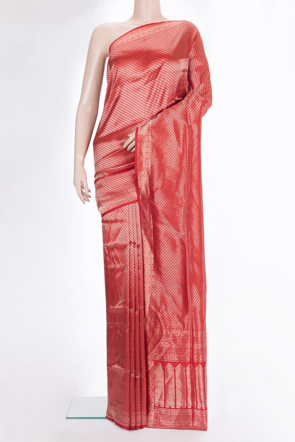 Pure Silk Red Banarasi Saree with Zari Brocade on the body and Zari Border.  displayed on a mannequin
