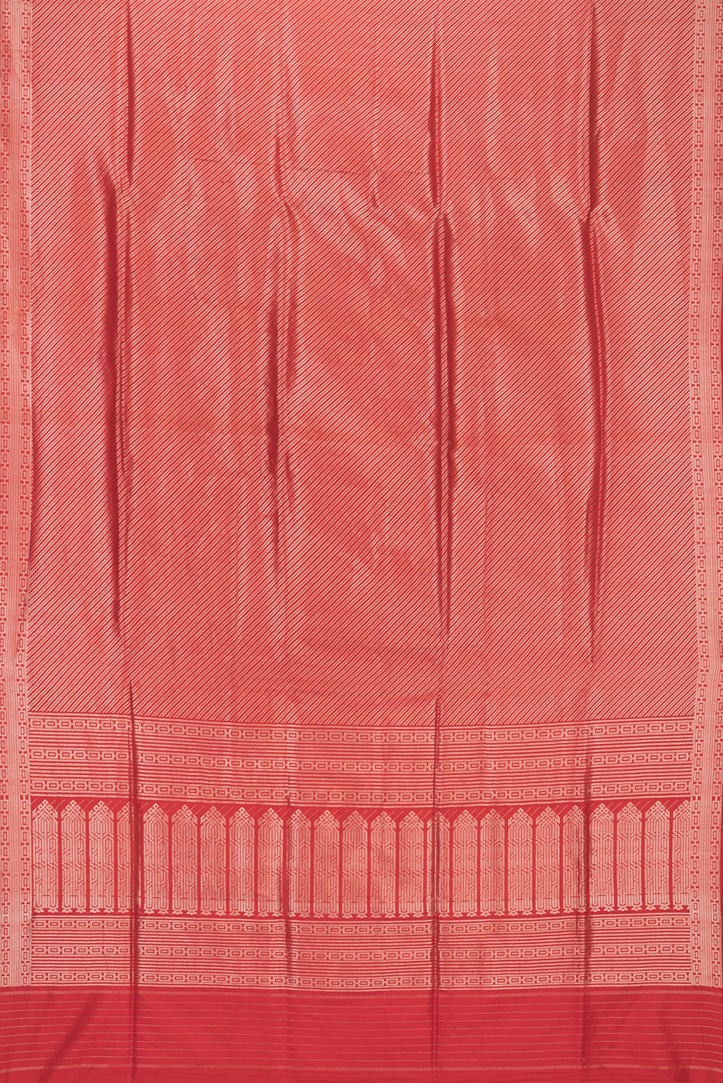 Flat view of Pure Silk Red Banarasi Saree with Zari Brocade on the body and Zari Border. 