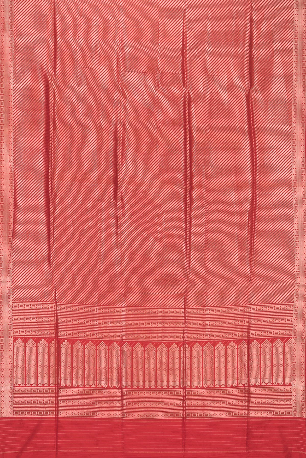 Flat view of Pure Silk Red Banarasi Saree with Zari Brocade on the body and Zari Border. 