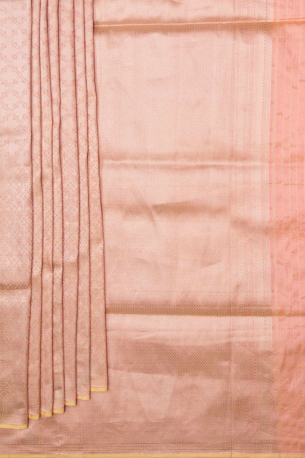 Pleats and pallu of Peach Banarasi Silk Saree with Zari Brocade on the body and Zari Border