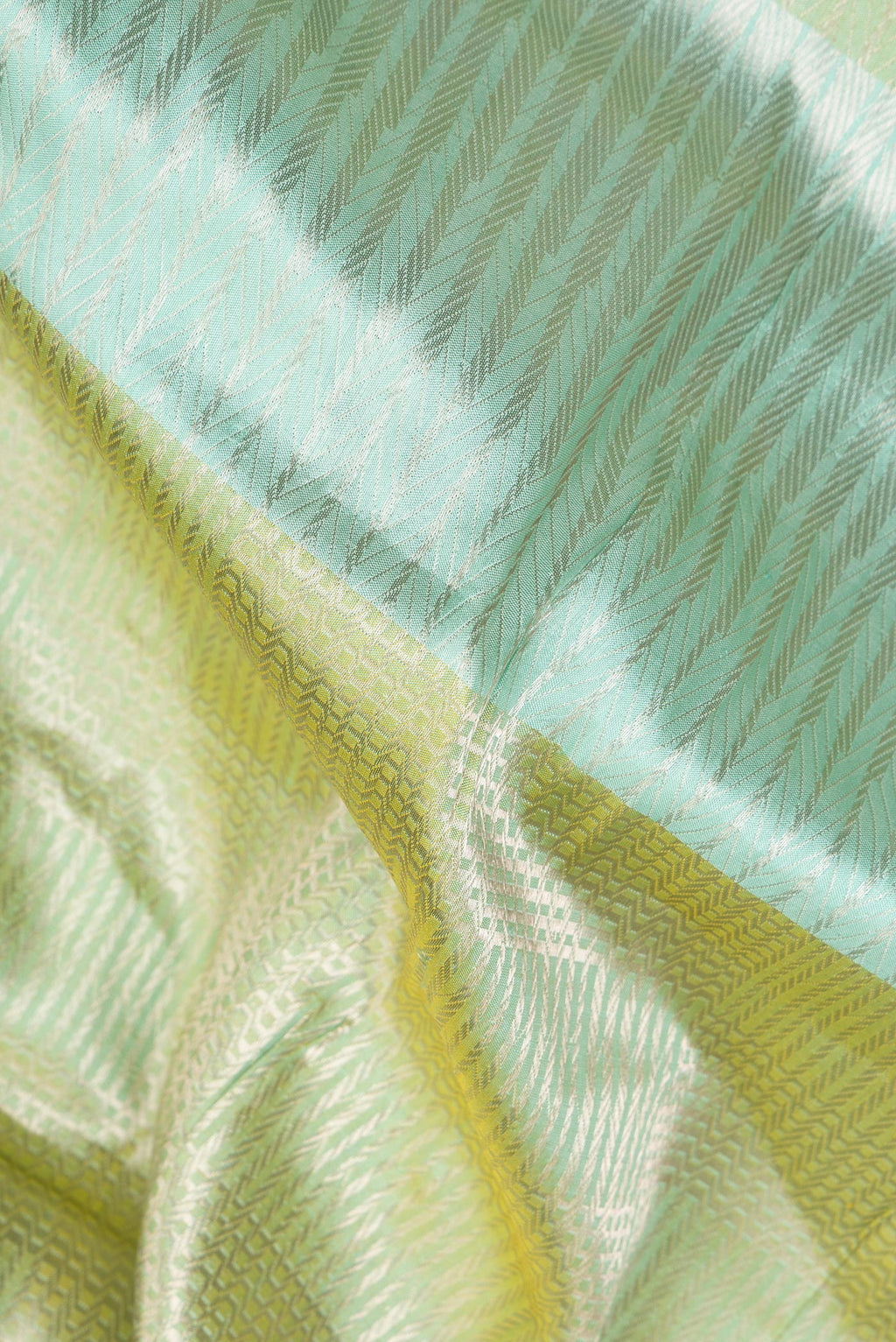 Close up of Pure Silk Multi Color Banarasi Saree with Zari Brocade on the body and Zari Border.  displaying folds