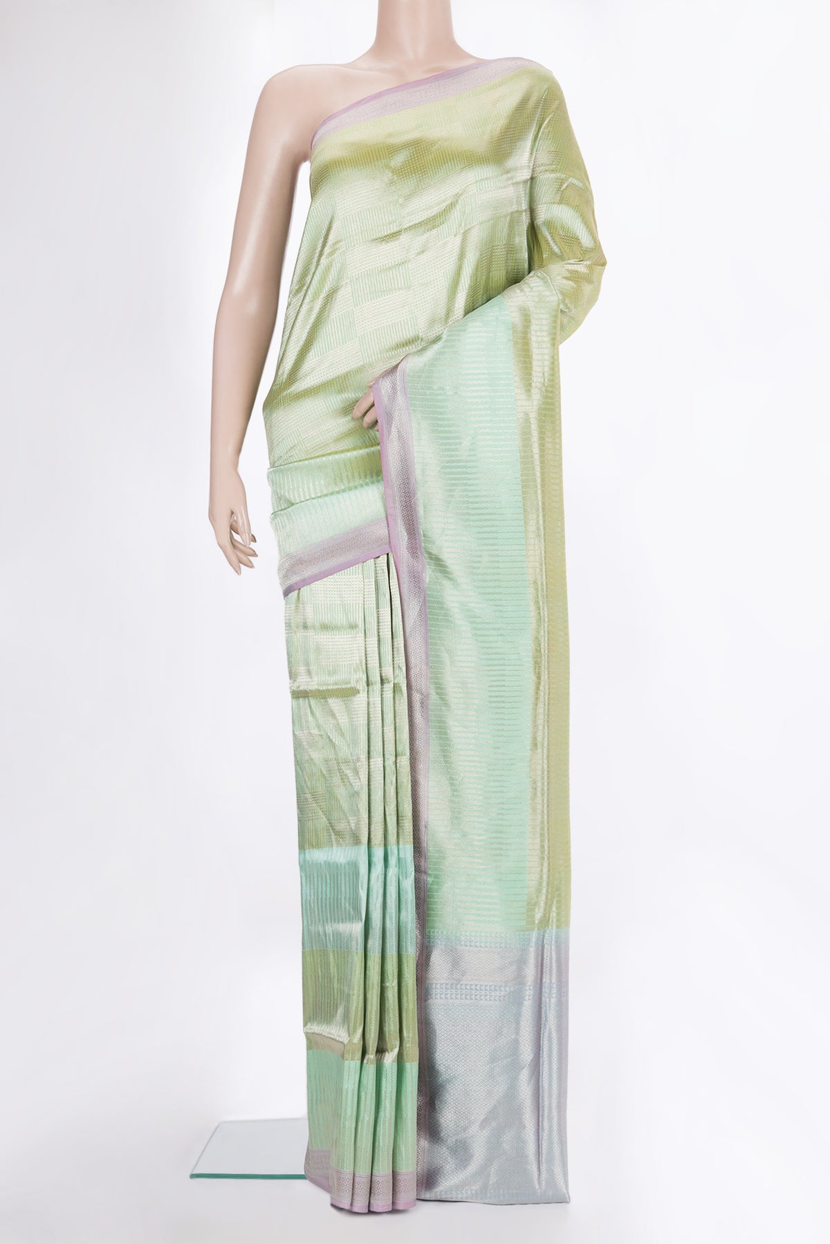 Pure Silk Multi Color Banarasi Saree with Zari Brocade on the body and Zari Border.  displayed on a mannequin