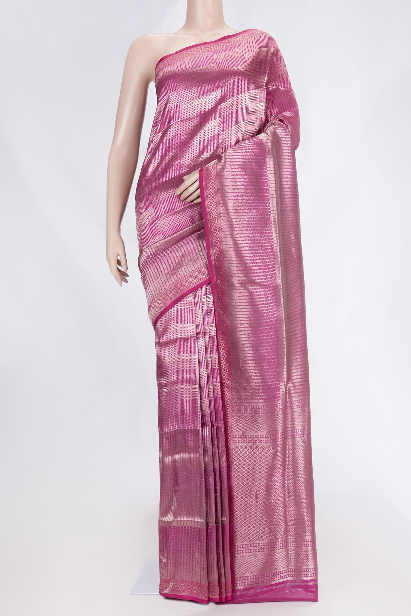 Magenta Banarasi Silk Saree with Zari Brocade on the body and Zari Border displayed on a mannequin