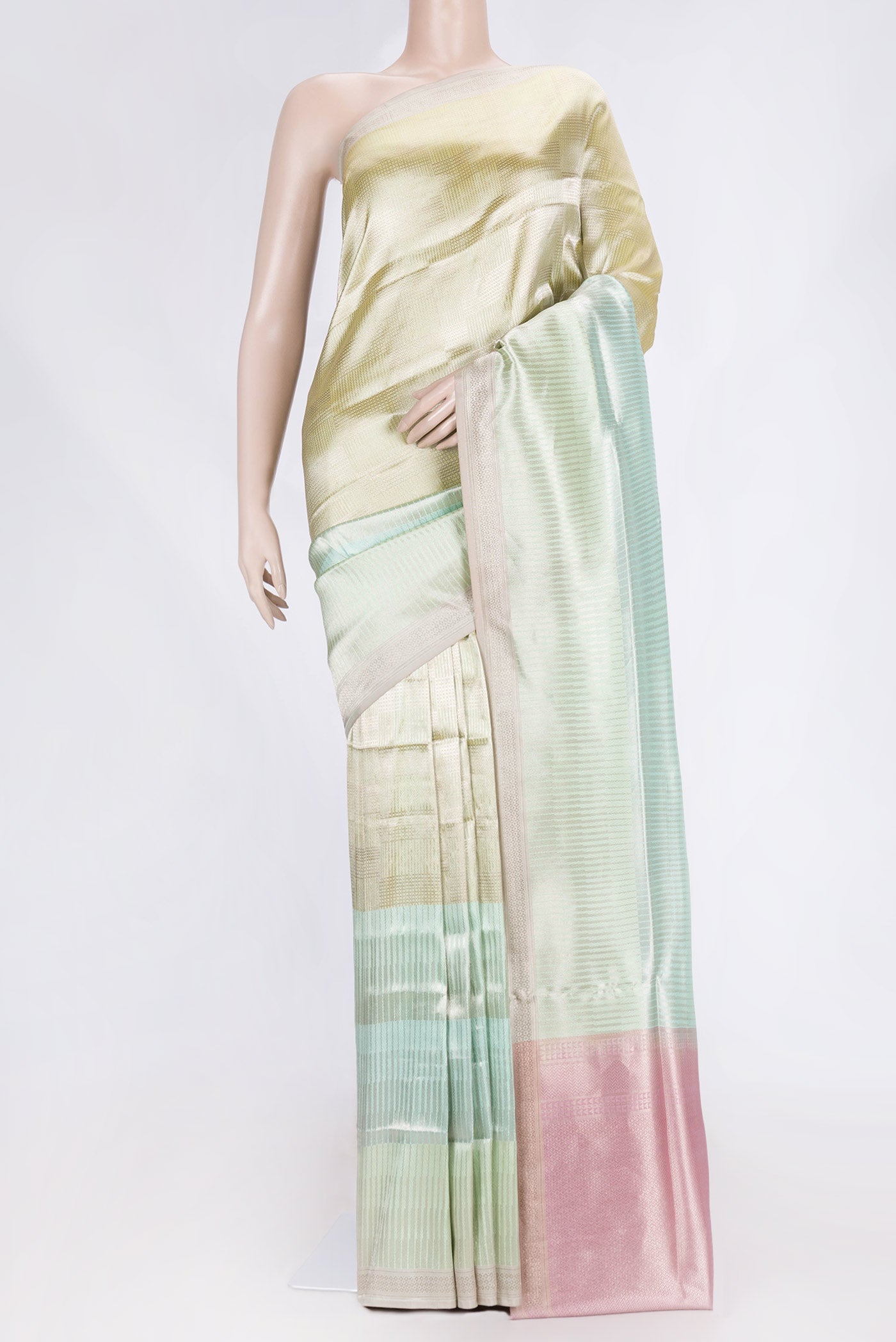 Multi Color Banarasi Silk Saree with Zari Brocade on the body and Zari Border displayed on a mannequin