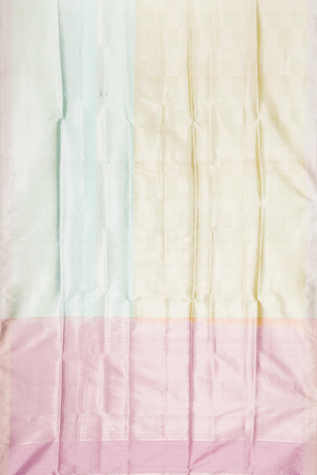 Flat view of Multi Color Banarasi Silk Saree with Zari Brocade on the body and Zari Border