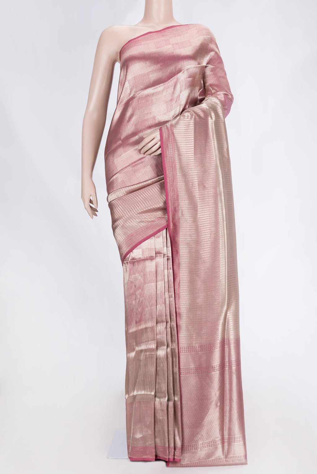 Pink Dual Tone Banarasi Silk Saree with Zari Brocade on the body and Zari Border displayed on a mannequin