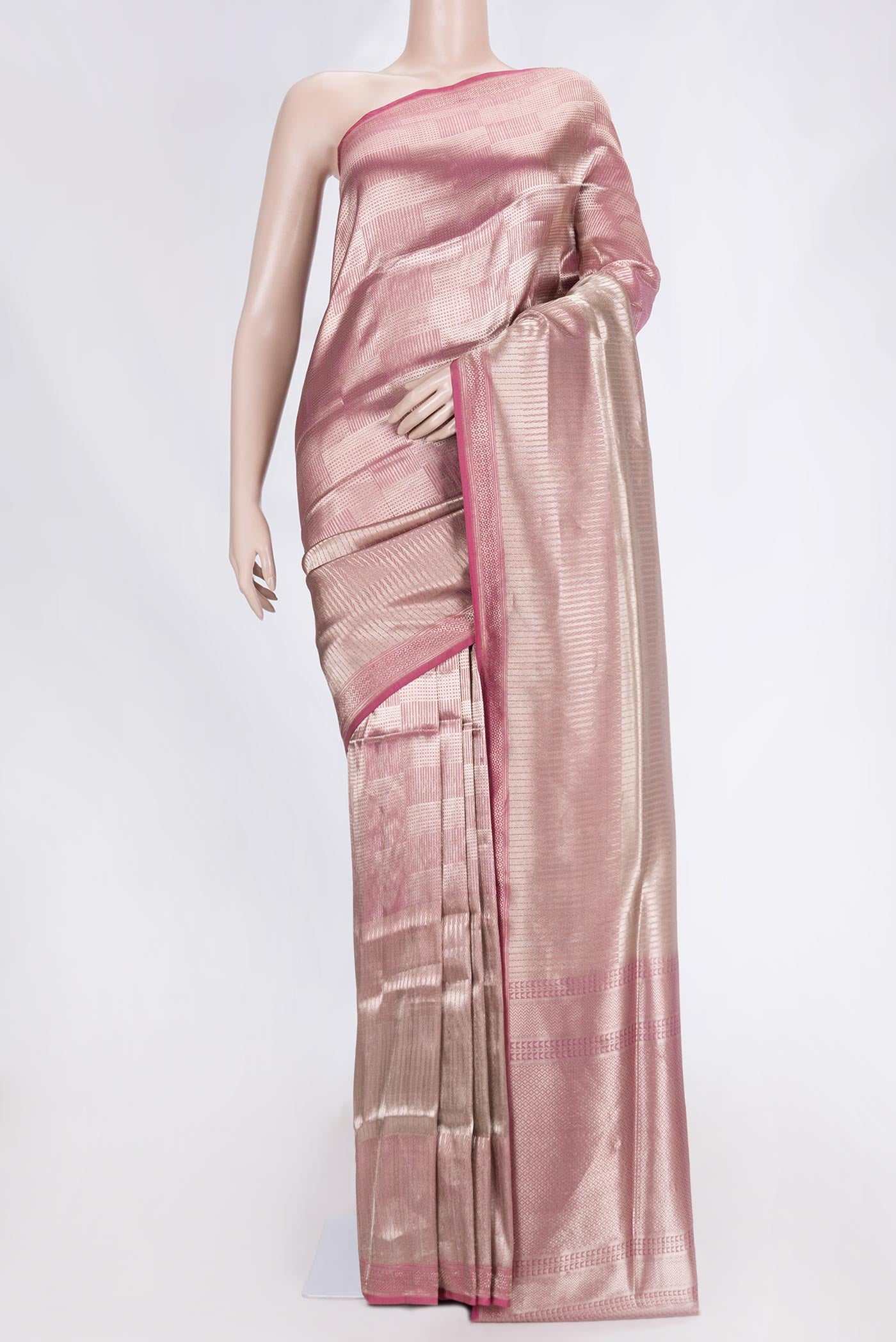 Pink Dual Tone Banarasi Silk Saree with Zari Brocade on the body and Zari Border displayed on a mannequin