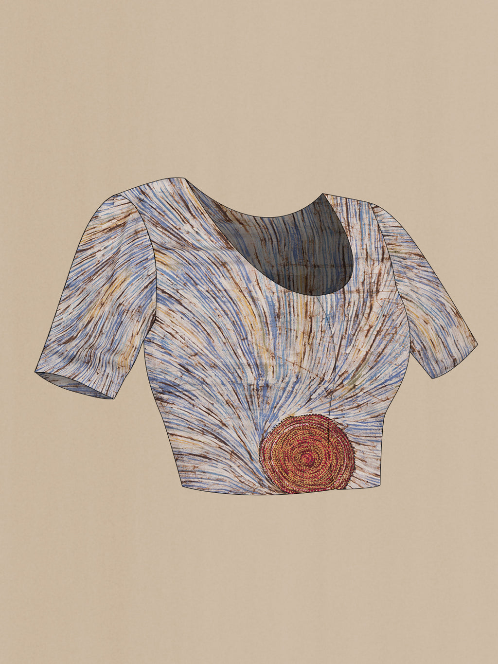 Close up image of the blouse of Blue Tussar Silk Saree with Embroidery on the body and Embroidery Border. 