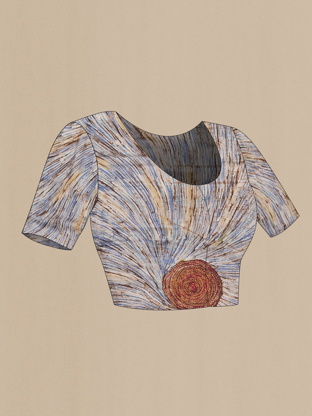 Close up image of the blouse of Blue Tussar Silk Saree with Embroidery on the body and Embroidery Border. 