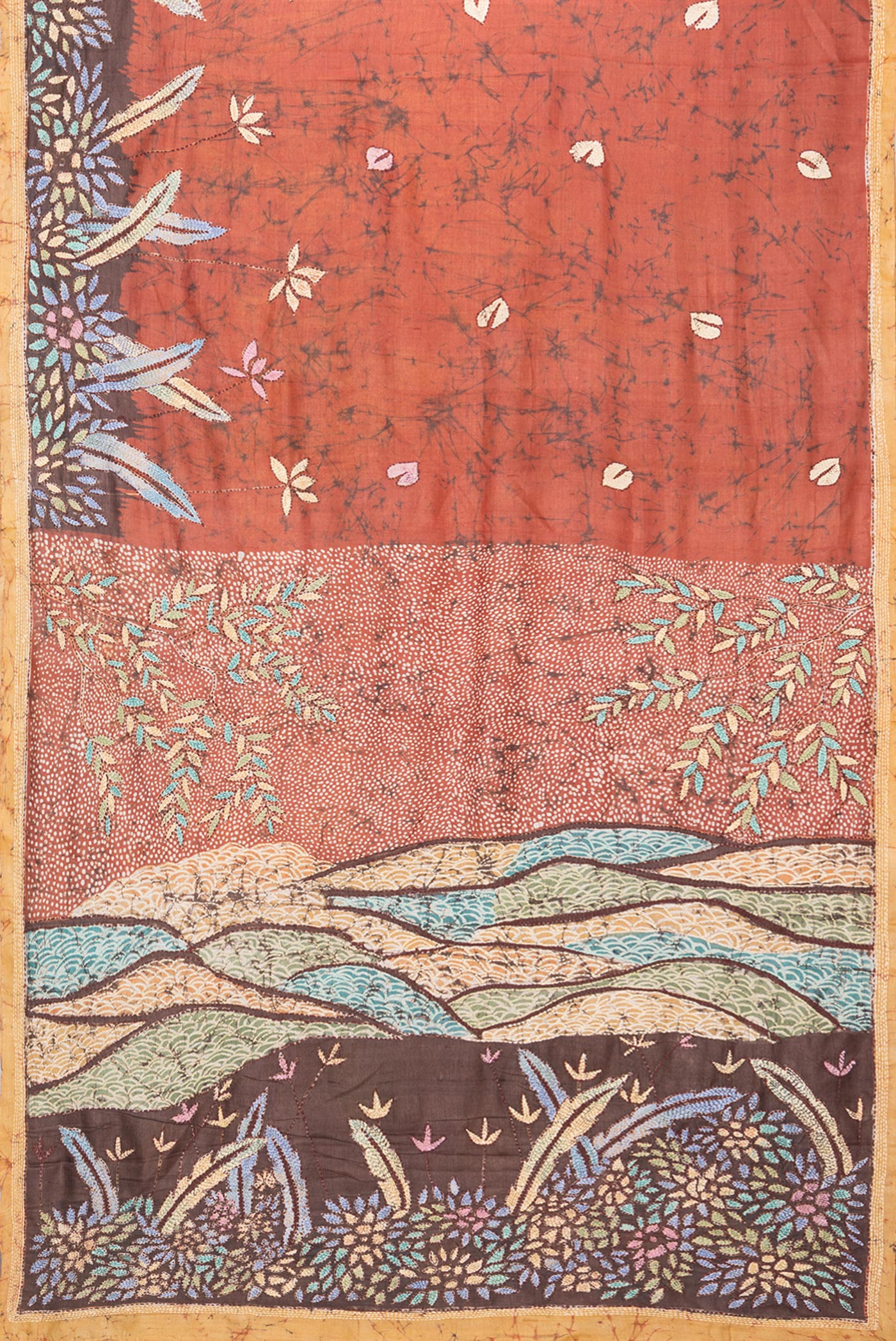 Flat view of Brick Orange Tussar Silk Saree with Embroidery on the body and Embroidery Border. 