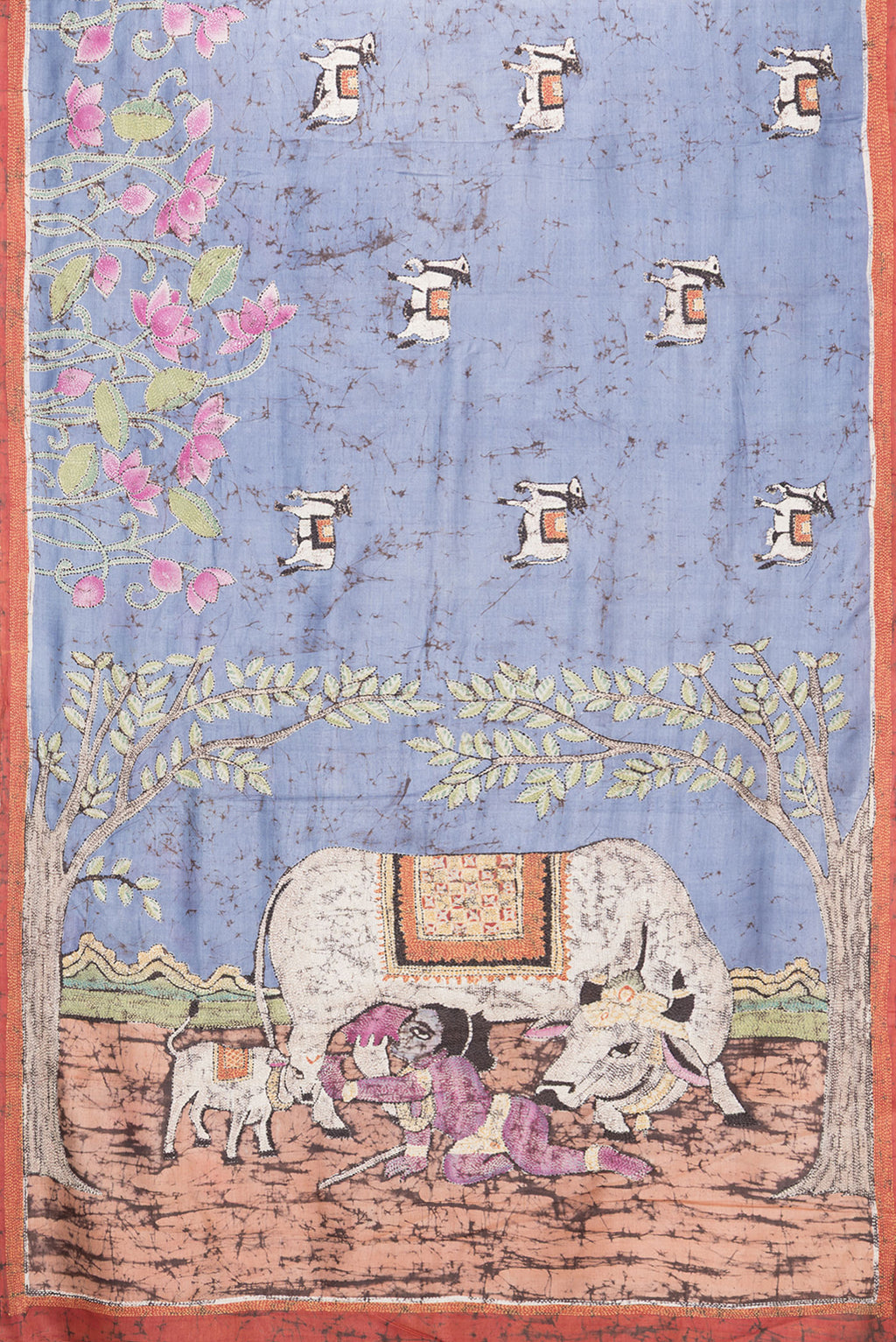 Flat view of Lilac Tussar Silk Saree with Embroidery on the body and Embroidery Border. 