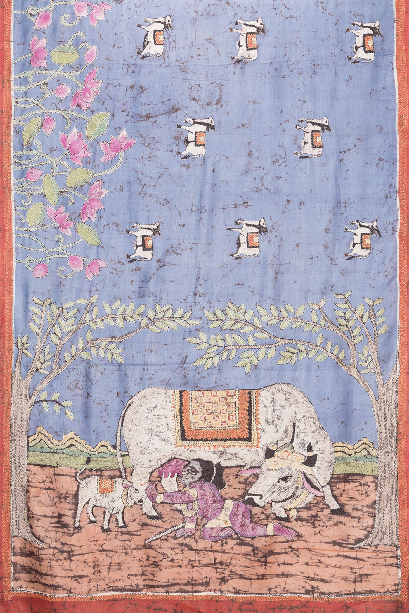 Flat view of Lilac Tussar Silk Saree with Embroidery on the body and Embroidery Border. 