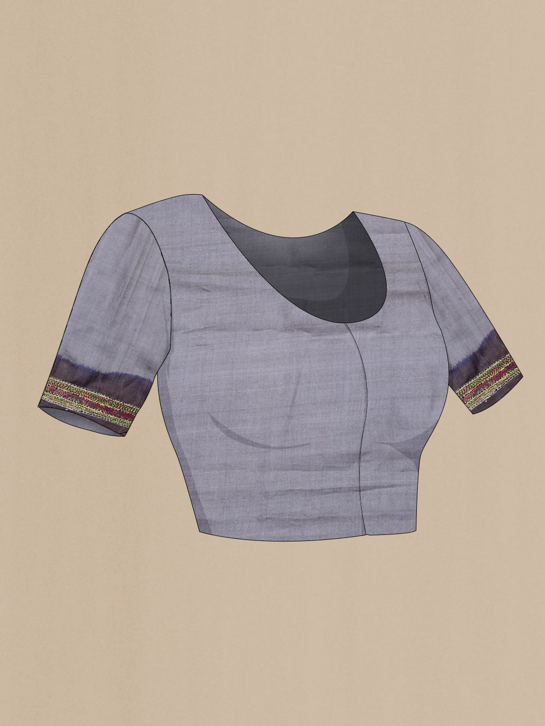Close up image of the blouse of Grey Tussar Silk Saree with Embroidery on the body and Embroidery Border. 