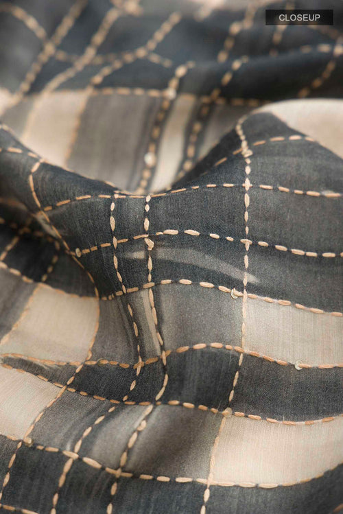 Close up of Beige Bhagalpuri Tussar Silk Saree with Embroidery on the body and Zari Border displaying folds