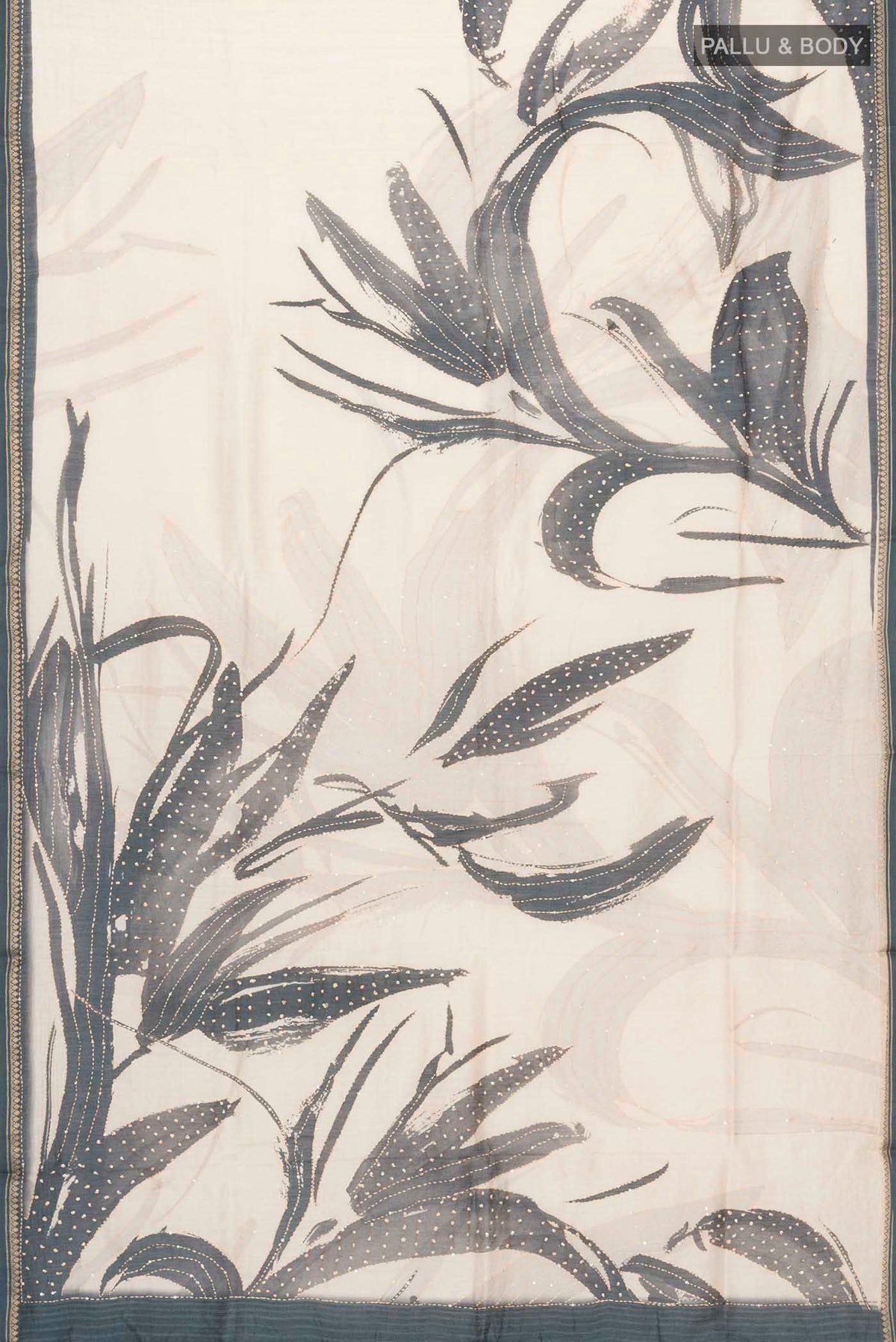 Flat view of Beige Bhagalpuri Tussar Silk Saree with Embroidery on the body and Zari Border