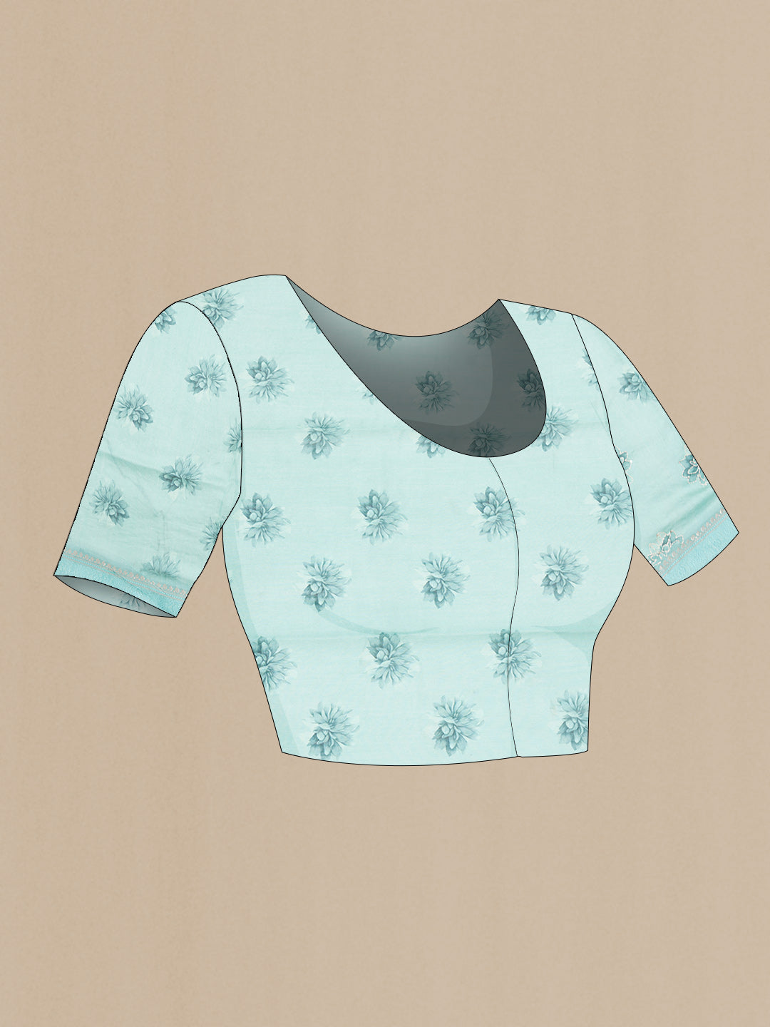 Close up image of the blouse of Sea Green Dual Tone Tussar Saree with Embroidery on the body and Zari And Thread Border