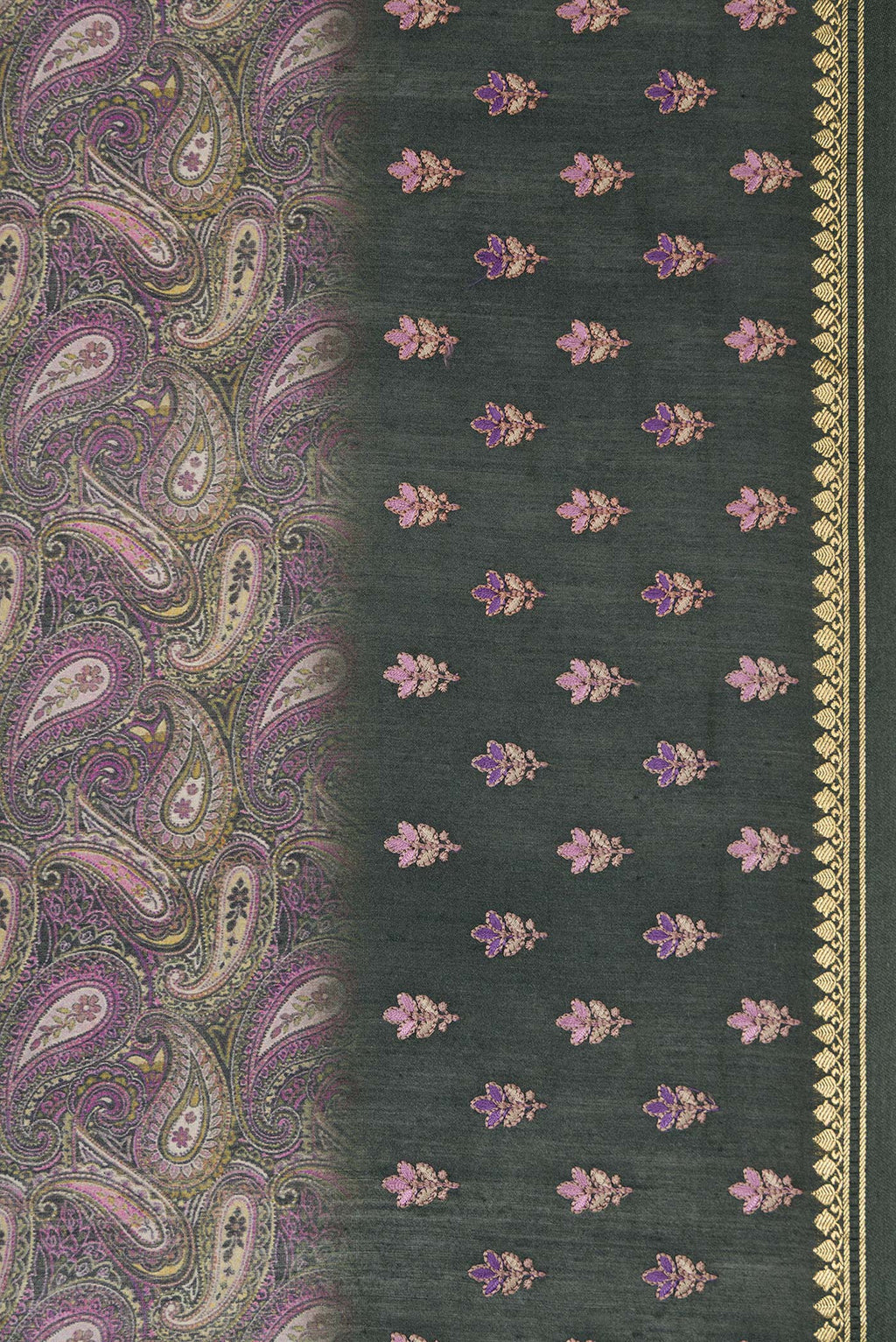 Border image of Purple Dual Tone Tussar Silk Saree with Printed design on the body and Embroidery Border. 