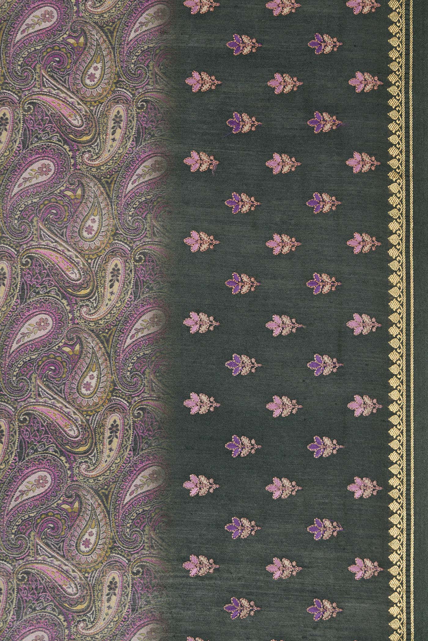 Border image of Purple Dual Tone Tussar Silk Saree with Printed design on the body and Embroidery Border. 