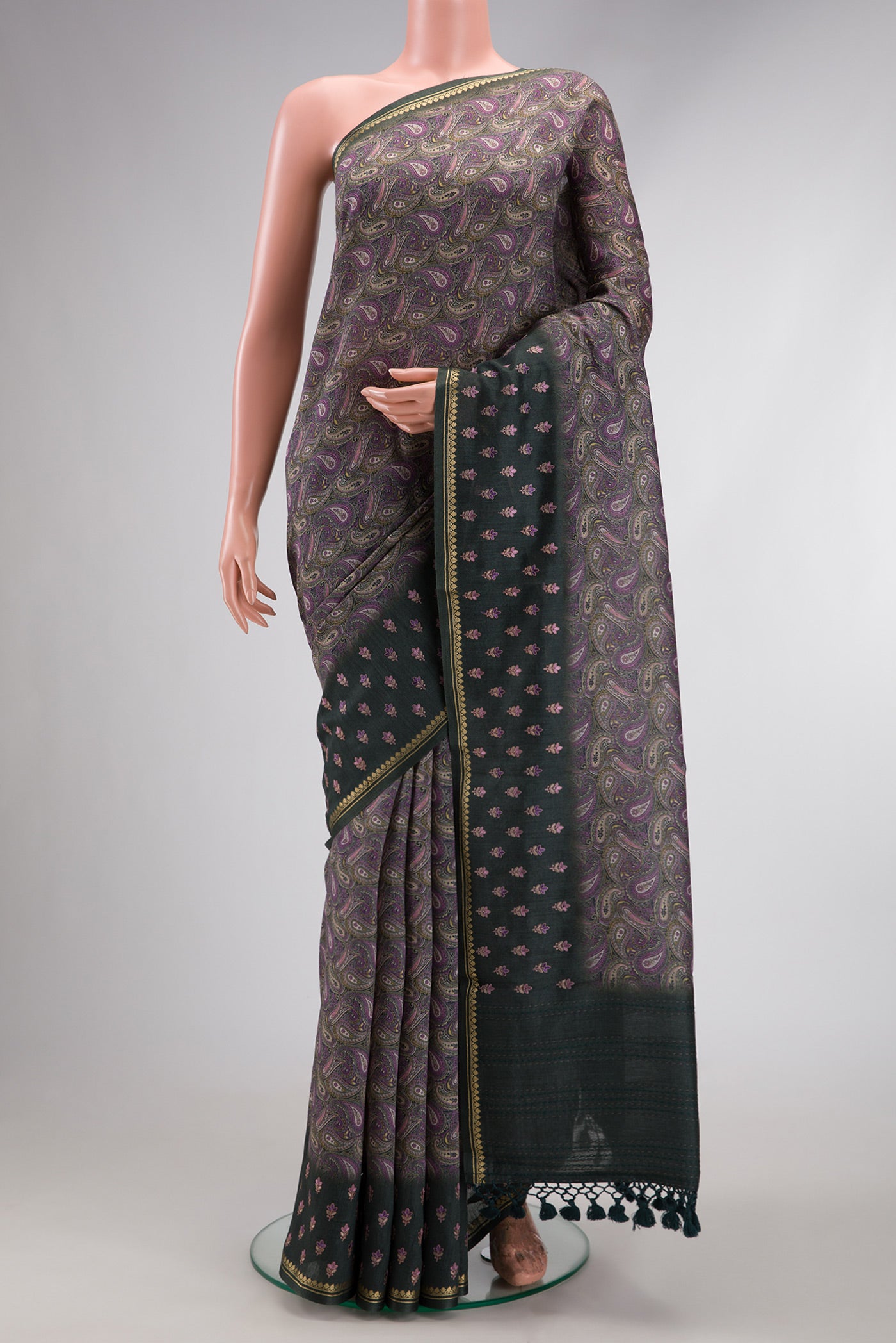 Purple Dual Tone Tussar Silk Saree with Printed design on the body and Embroidery Border.  displayed on a mannequin