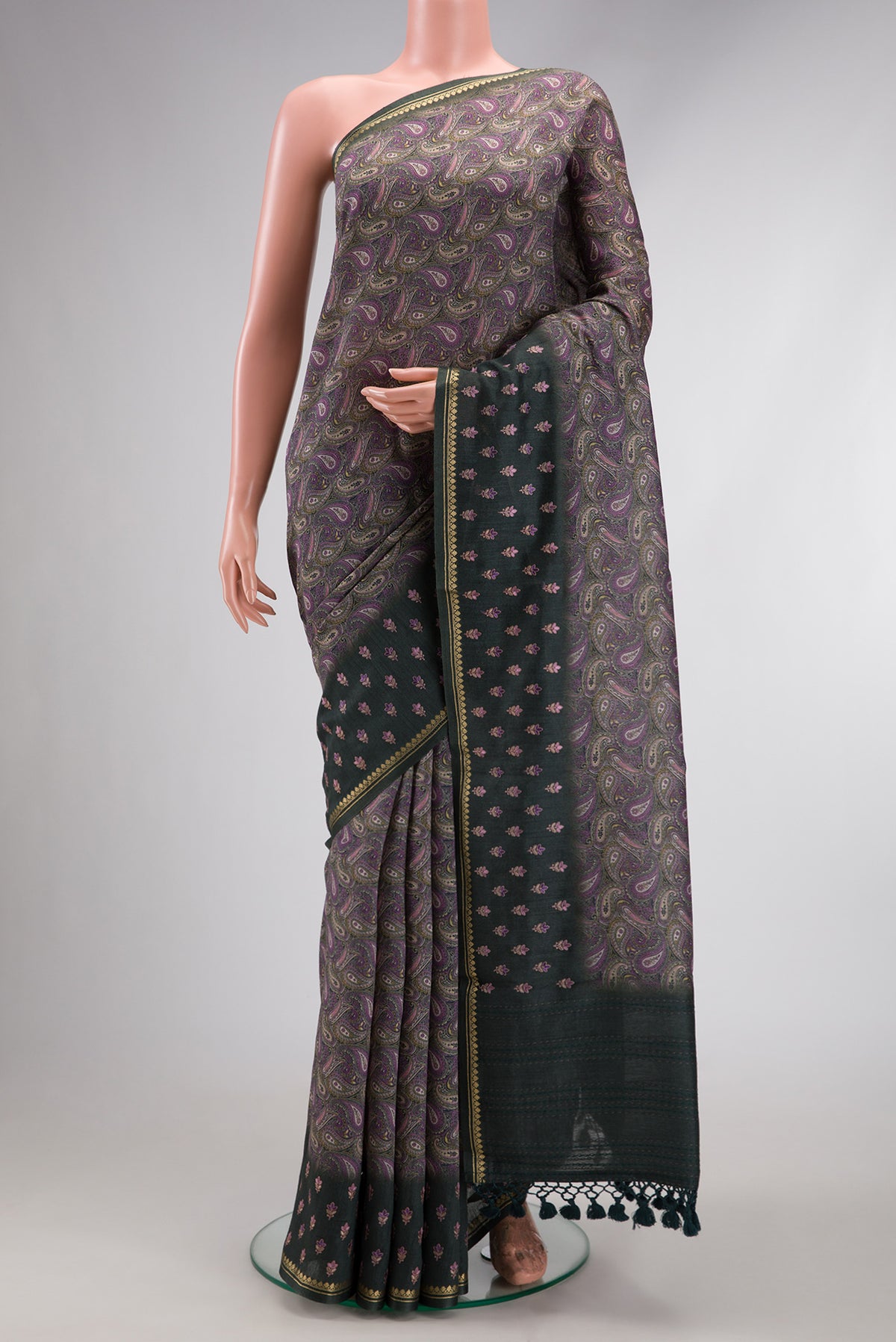 Purple Dual Tone Tussar Silk Saree with Printed design on the body and Embroidery Border.  displayed on a mannequin