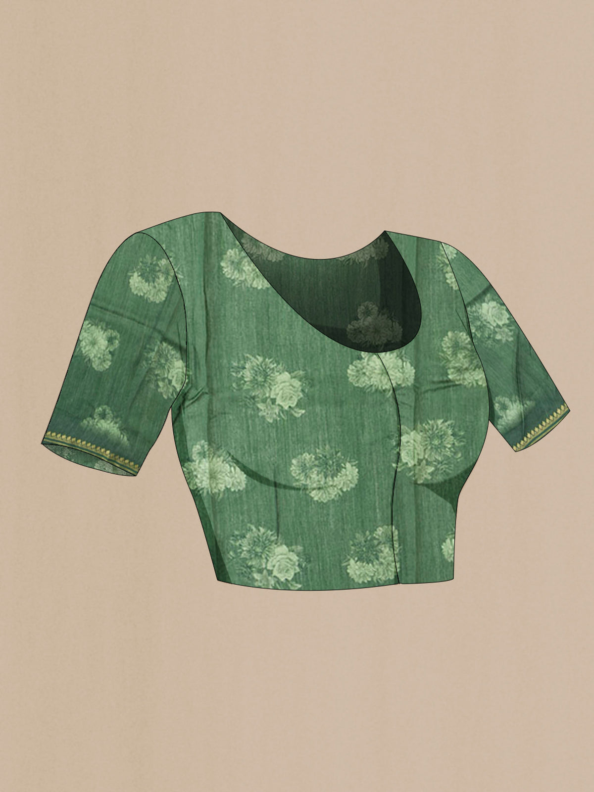Close up image of the blouse of Green Tussar Silk Saree with Thread Butta on the body and Zari Border