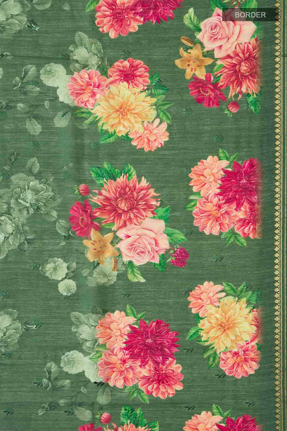 Border image of Green Tussar Silk Saree with Thread Butta on the body and Zari Border