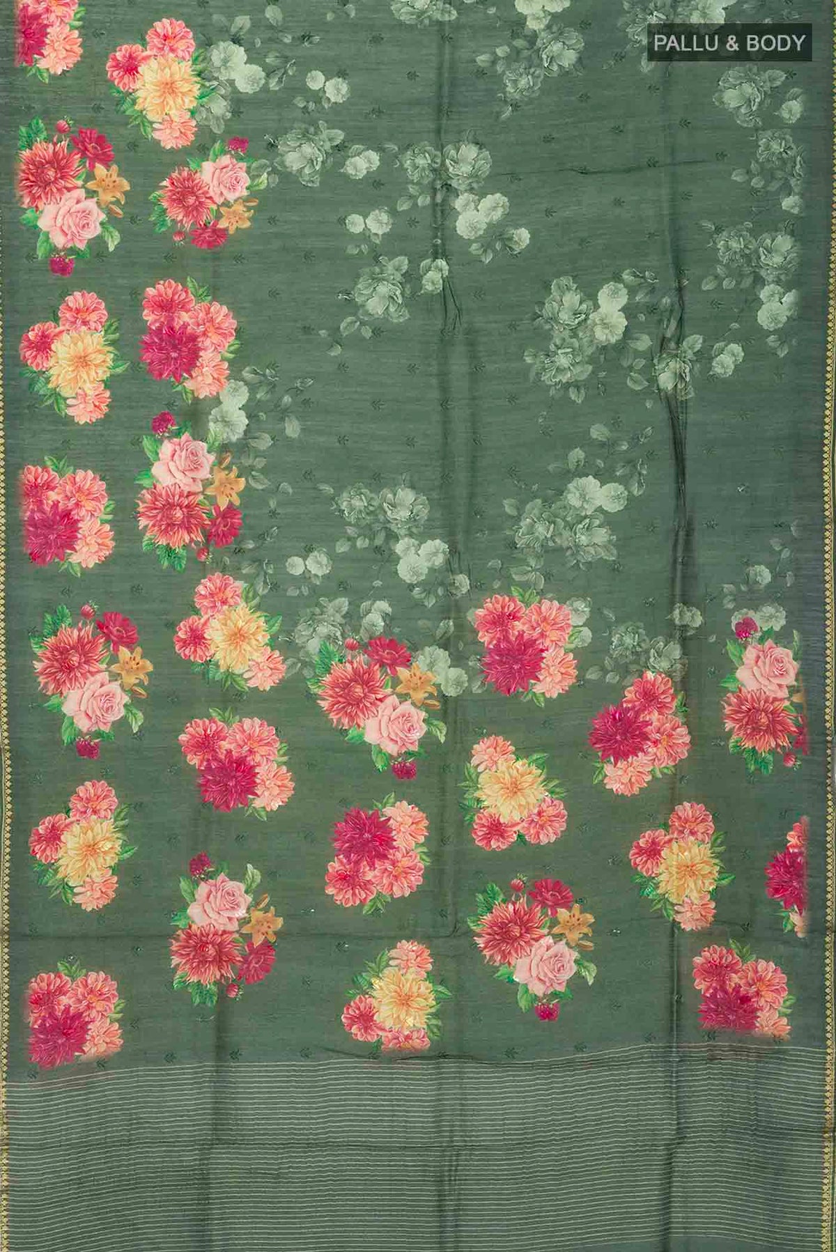 Flat view of Green Tussar Silk Saree with Thread Butta on the body and Zari Border