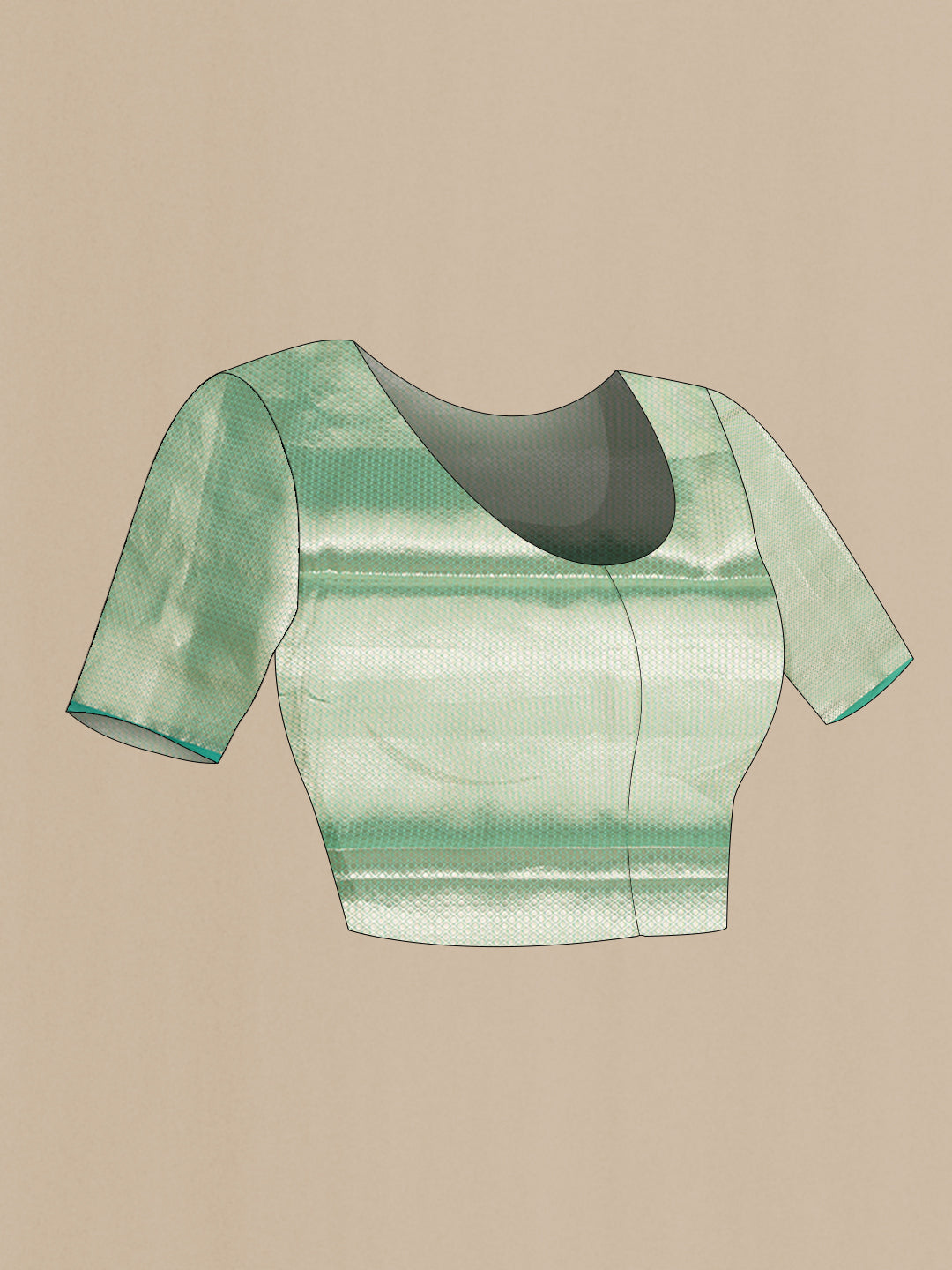 Close up image of the blouse of Green Tussar Silk Saree with Zari Brocade on the body and Zari Border. 