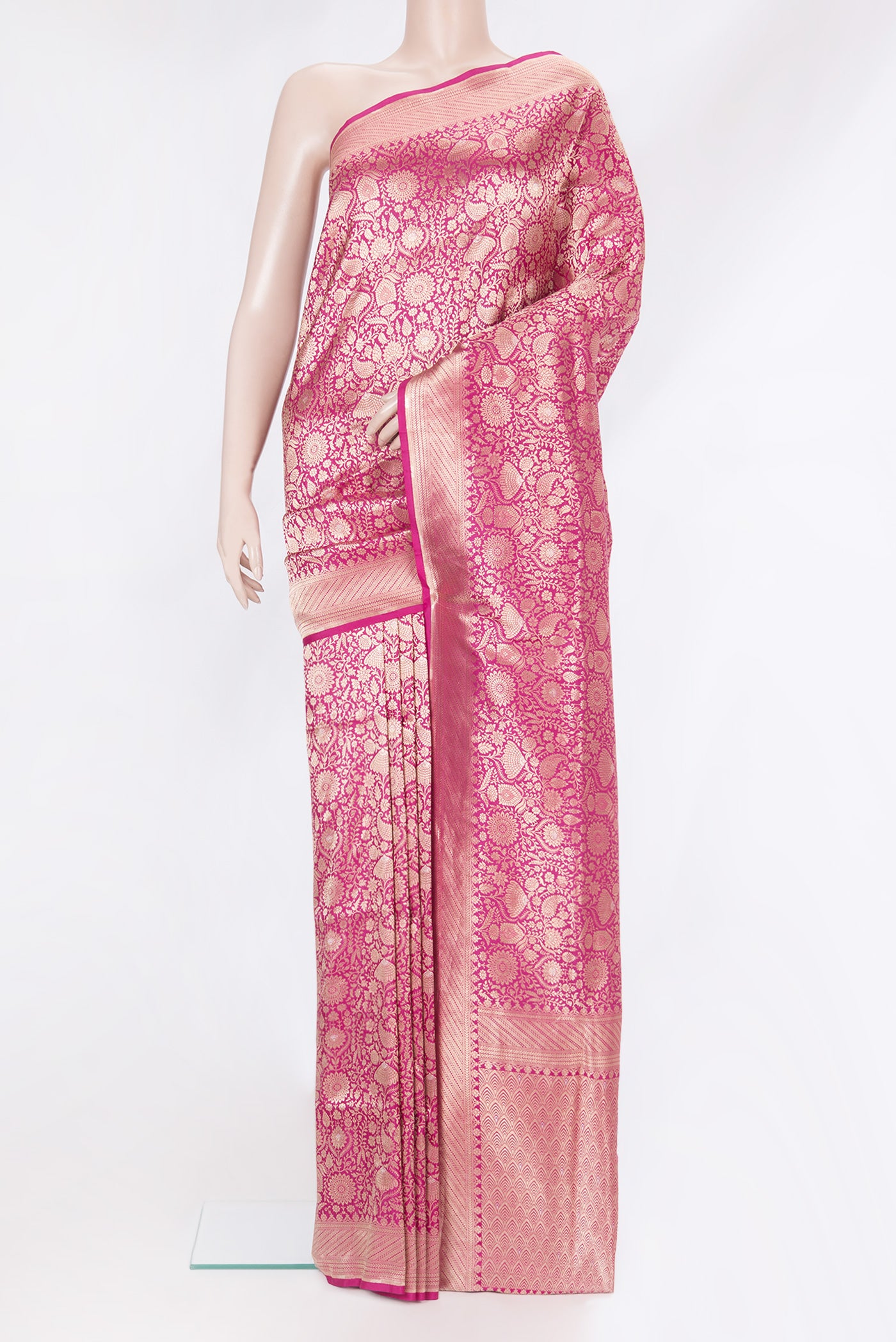 Pink Banarasi Silk Saree with Zari Brocade on the body and Zari Border.  displayed on a mannequin