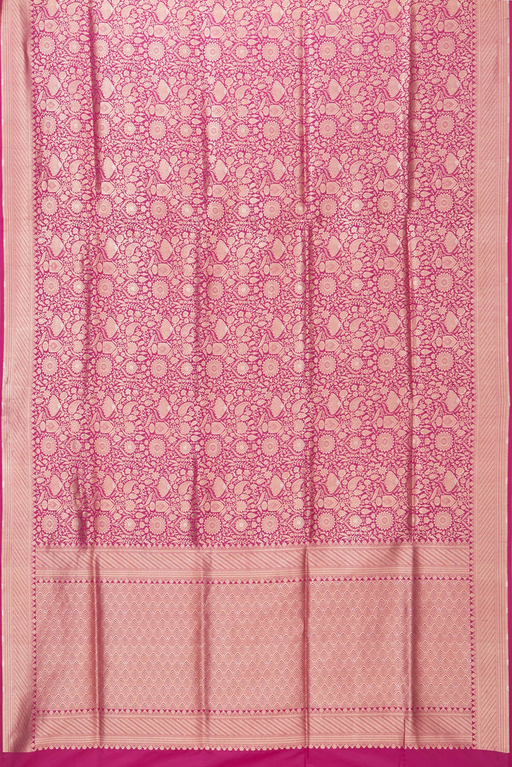 Flat view of Pink Banarasi Silk Saree with Zari Brocade on the body and Zari Border. 