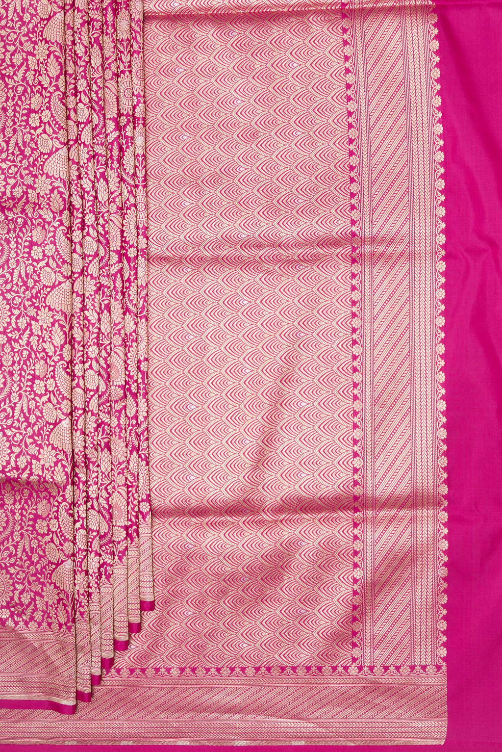 Pleats and pallu of Pink Banarasi Silk Saree with Zari Brocade on the body and Zari Border. 