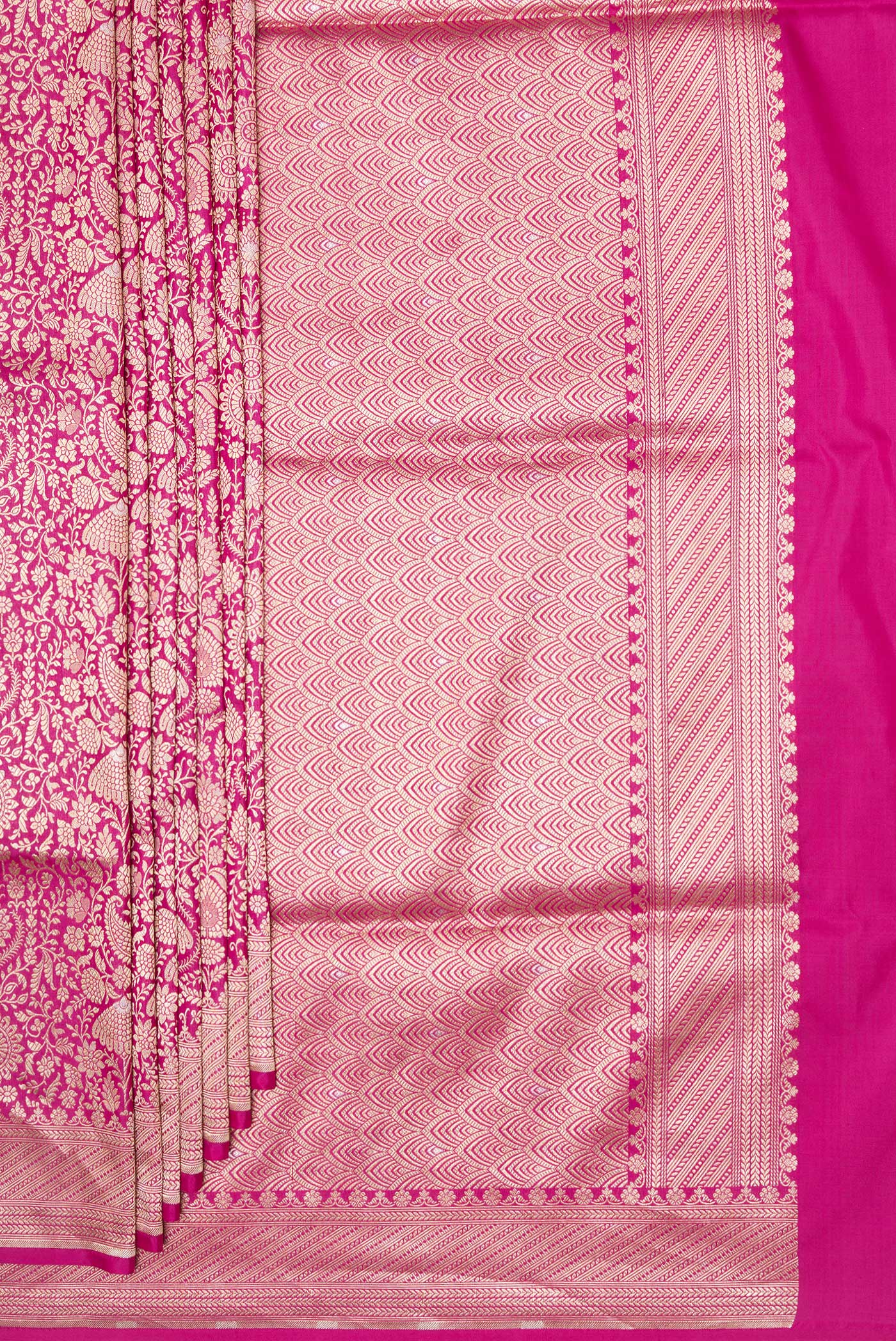 Pleats and pallu of Pink Banarasi Silk Saree with Zari Brocade on the body and Zari Border. 