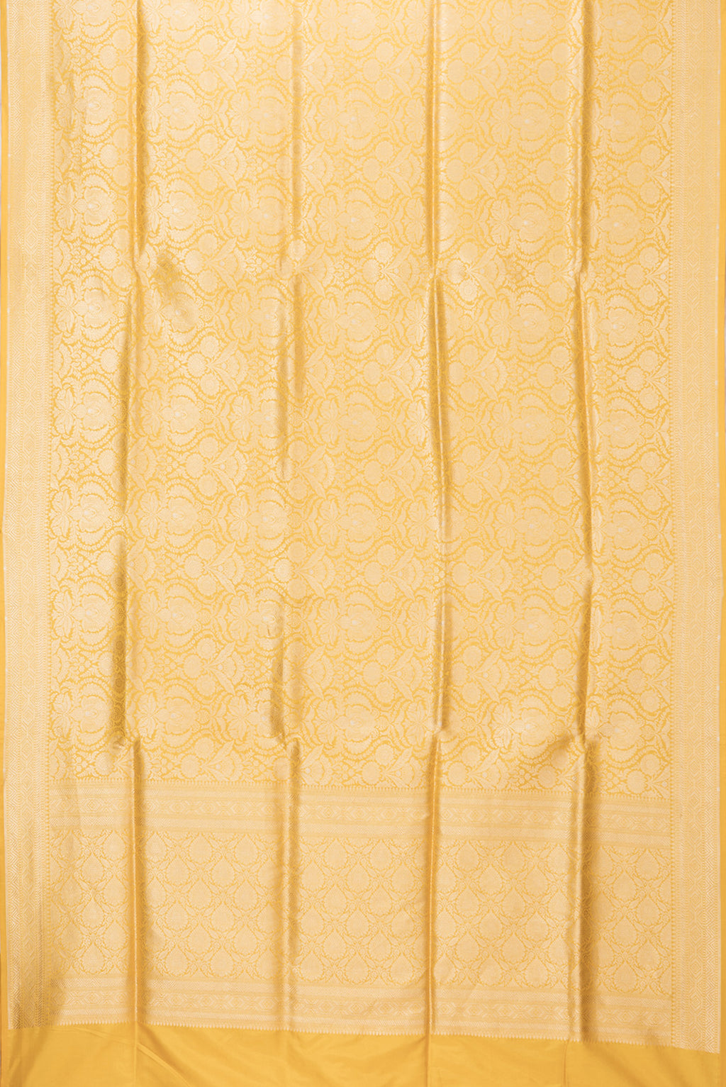 Flat view of Yellow Dual Tone Banarasi Silk Saree with Zari Brocade on the body and Zari Border. 