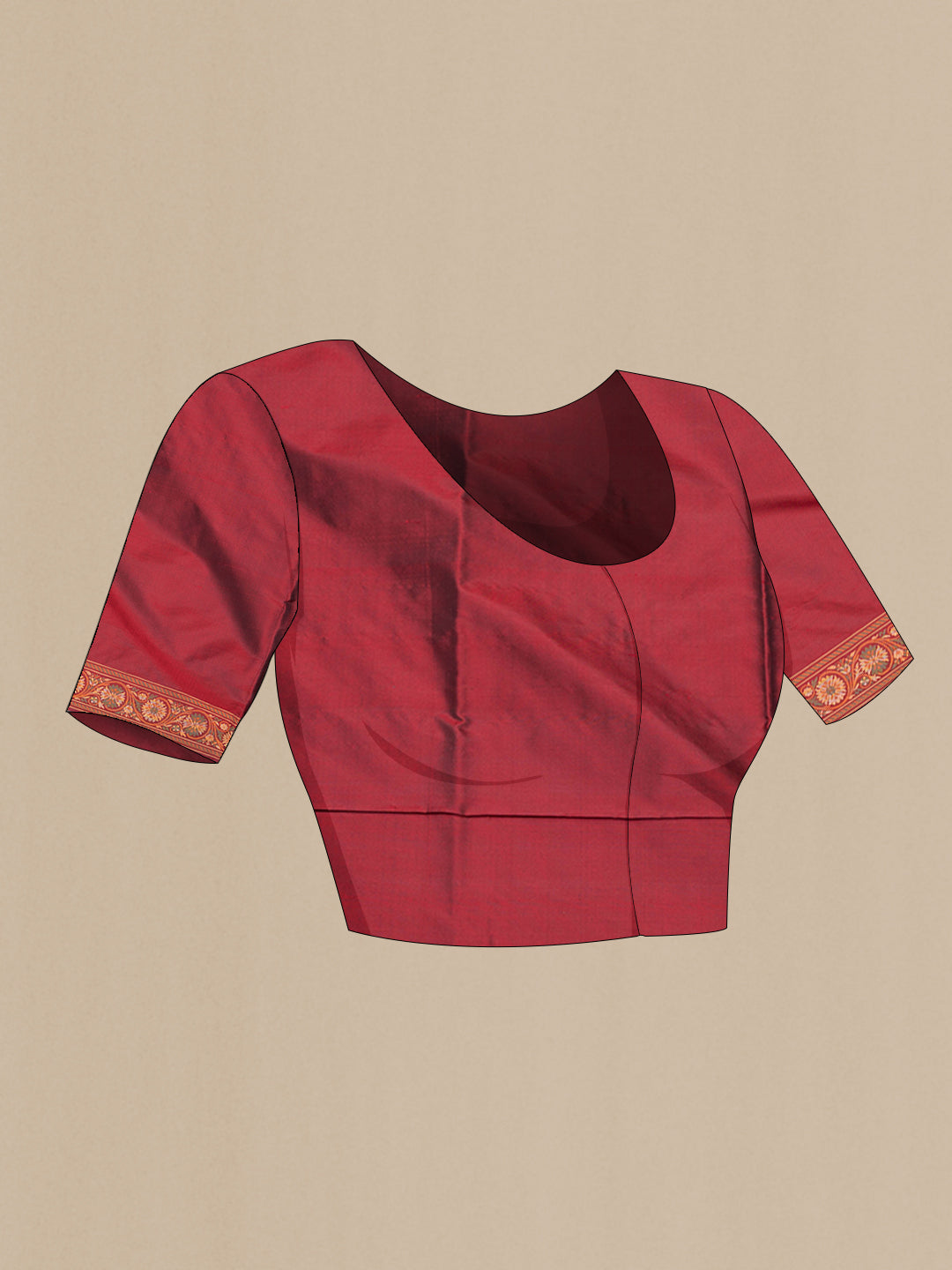 Close up image of the blouse of Maroon Banarasi Silk Saree with Checked design on the body and Zari And Thread Border. 