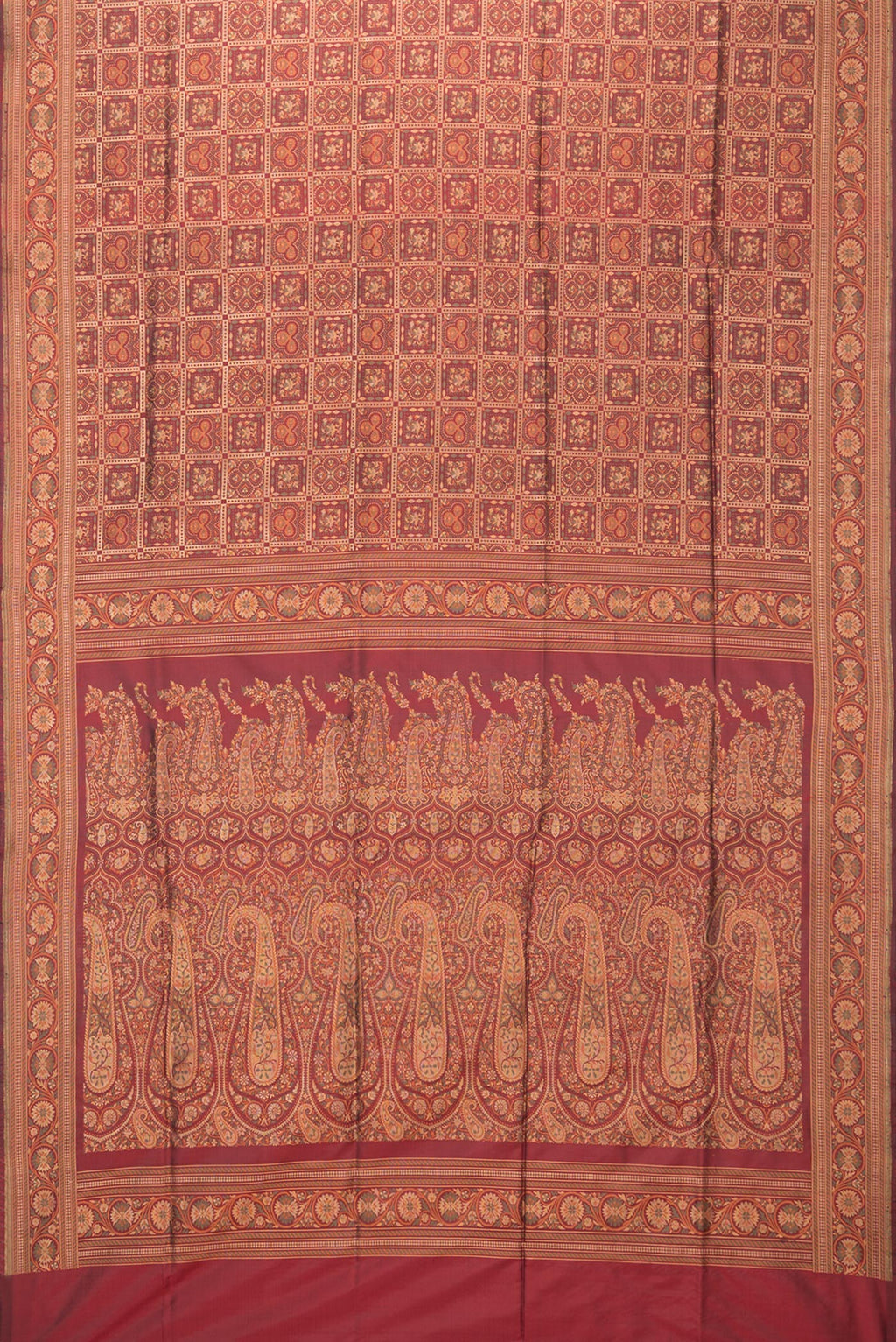 Flat view of Maroon Banarasi Silk Saree with Checked design on the body and Zari And Thread Border. 
