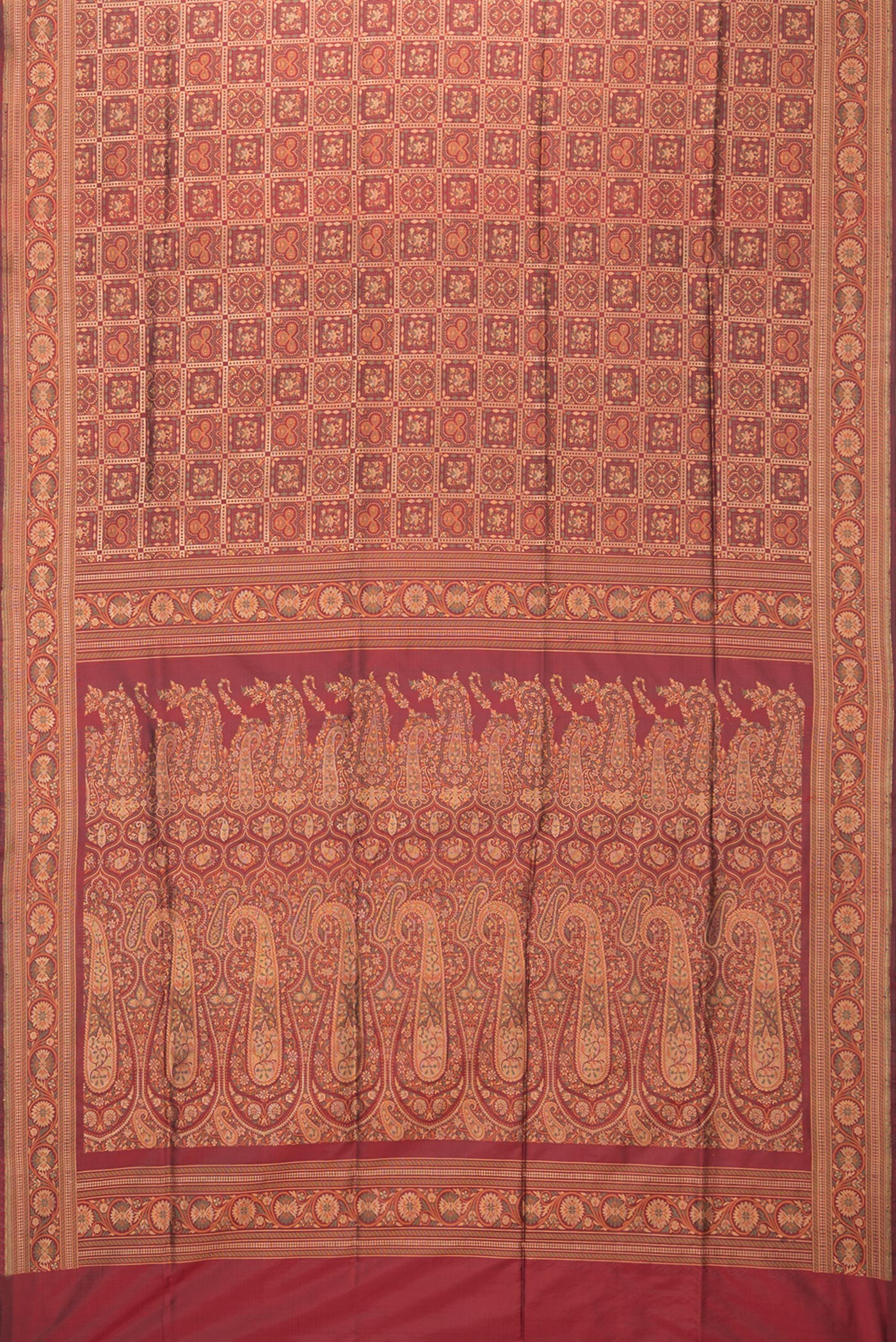 Flat view of Maroon Banarasi Silk Saree with Checked design on the body and Zari And Thread Border. 