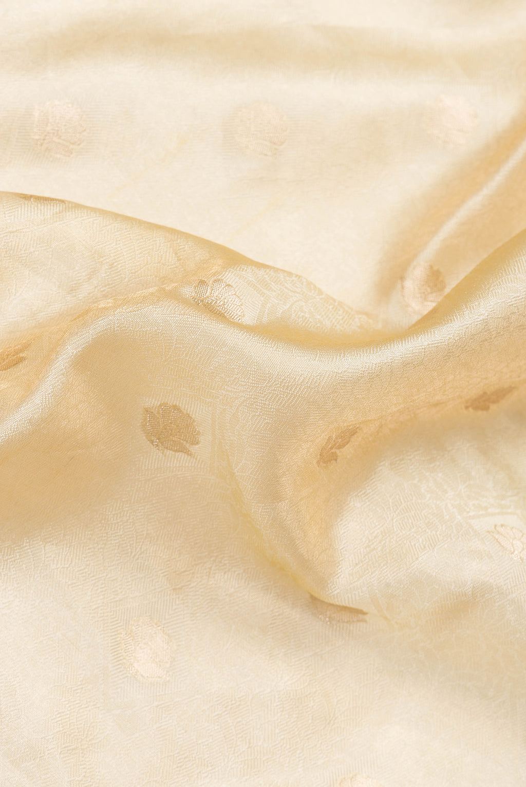 Close up of Sandal Dual Tone Organza Silk Saree with Zari Brocade on the body and Zari Border.  displaying folds